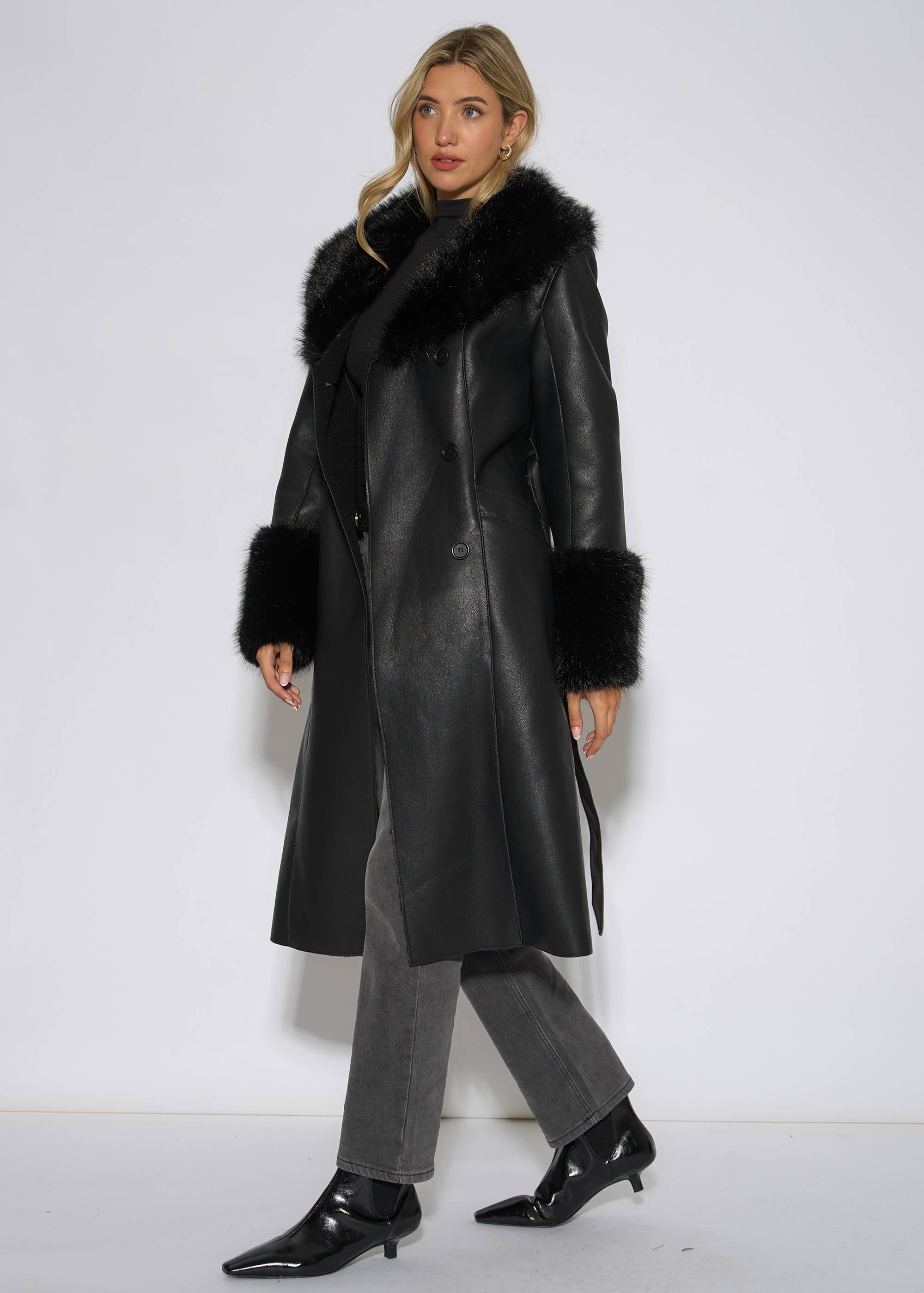 Black Fur Trim Faux Leather Wrap Longline Coat