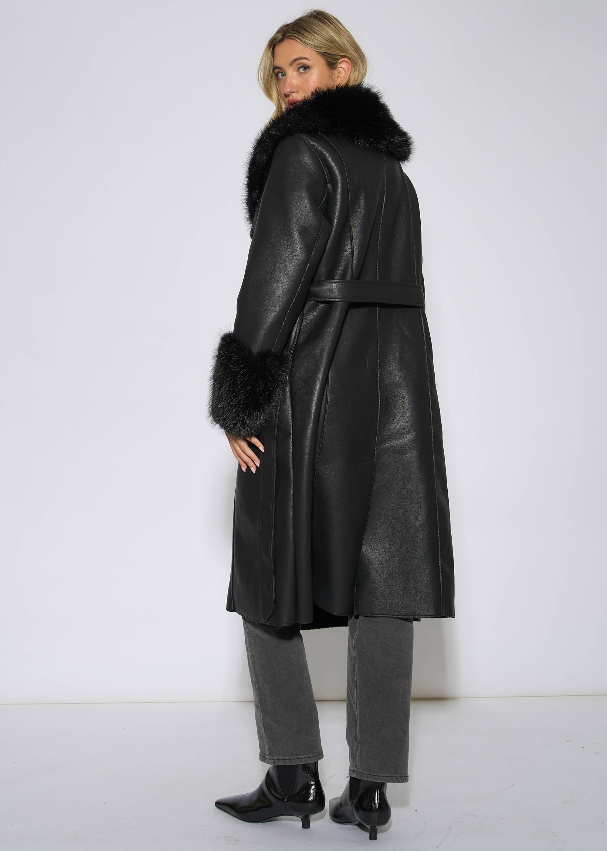 Black Fur Trim Faux Leather Wrap Longline Coat
