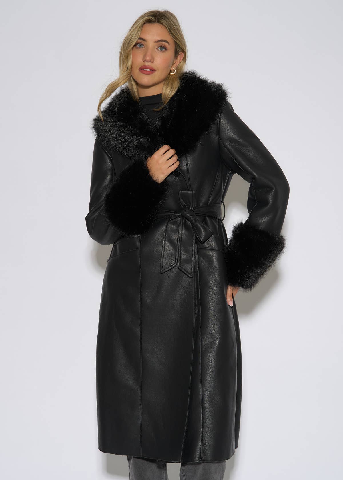 Black Fur Trim Faux Leather Wrap Longline Coat