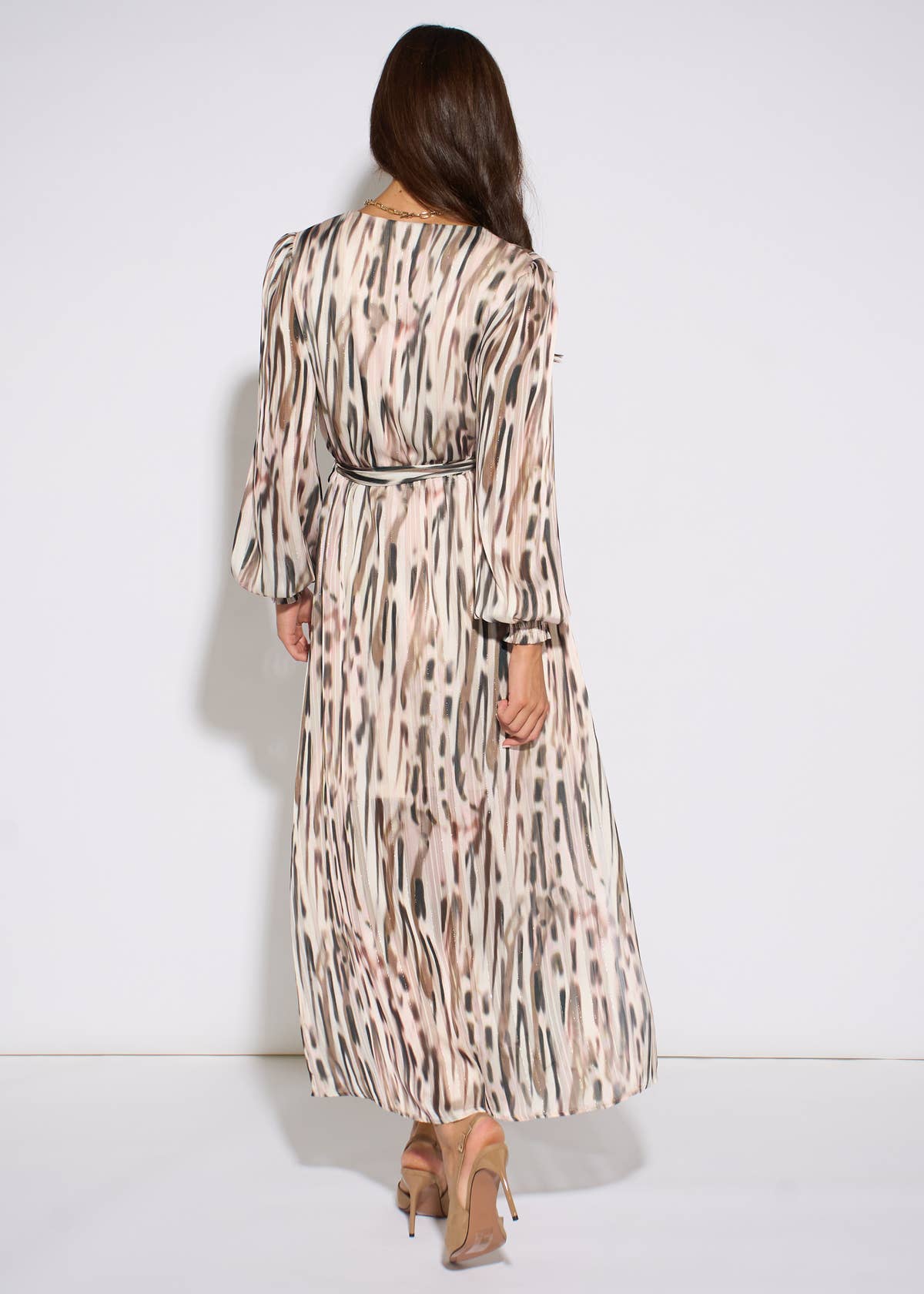 Off White Animal Print Sparkle Wrap Front Midi Dress – View 2 | Gini London