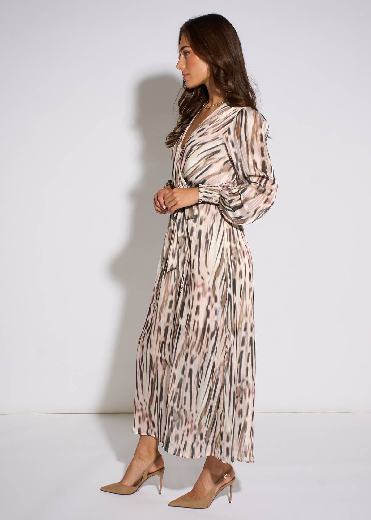 Off White Animal Print Sparkle Wrap Front Midi Dress – View 4 | Gini London