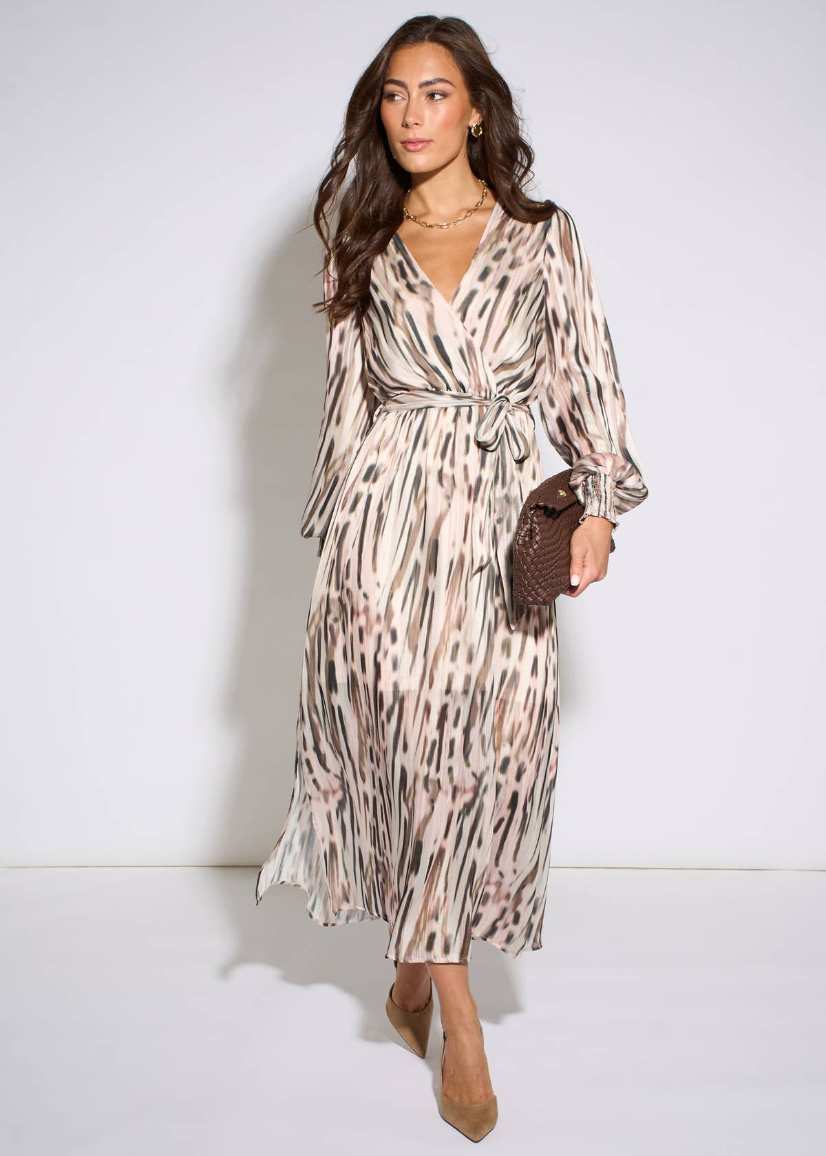 Off White Animal Print Sparkle Wrap Front Midi Dress – View 1 | Gini London