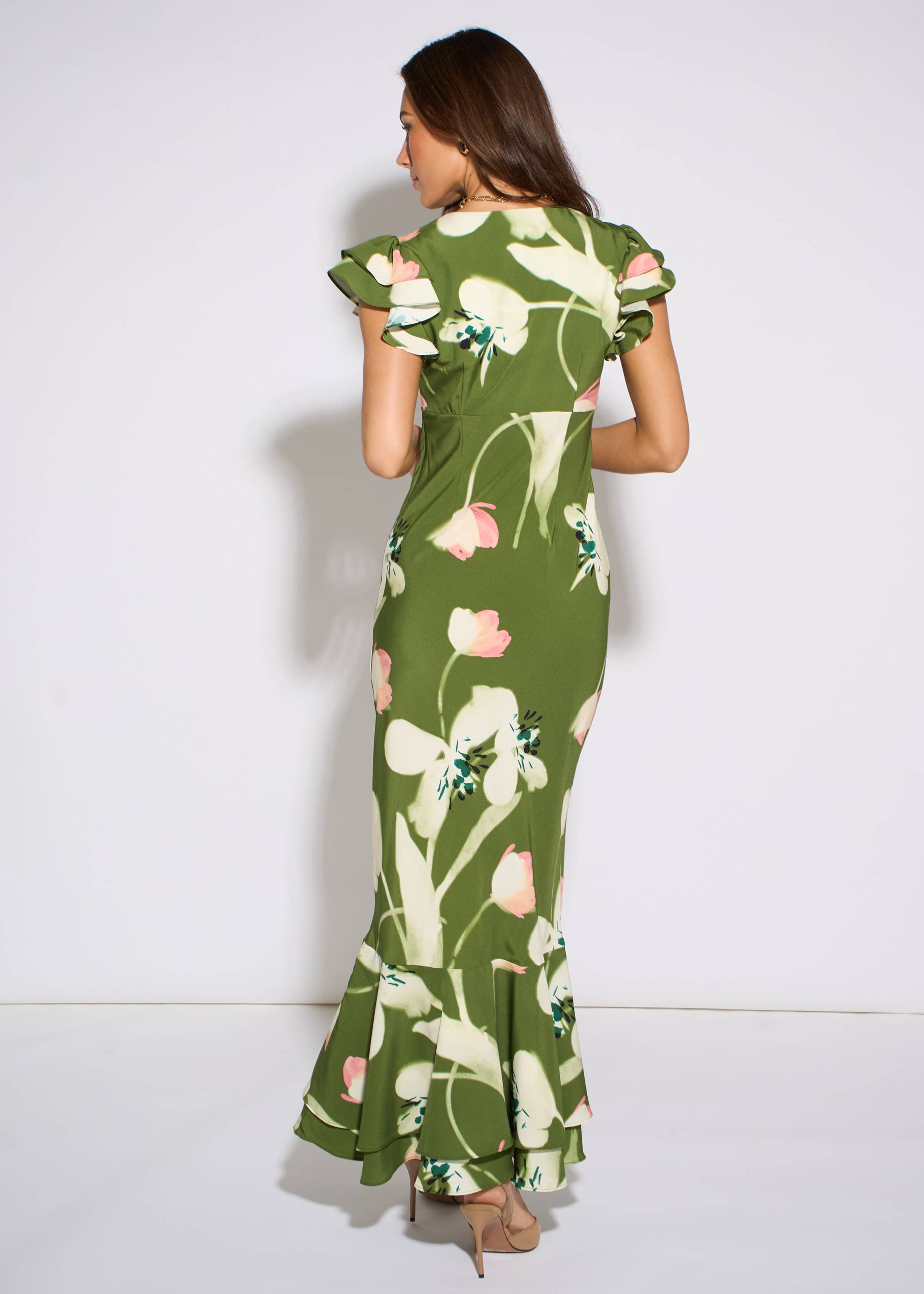Green Floral Ruffle Maxi Dress