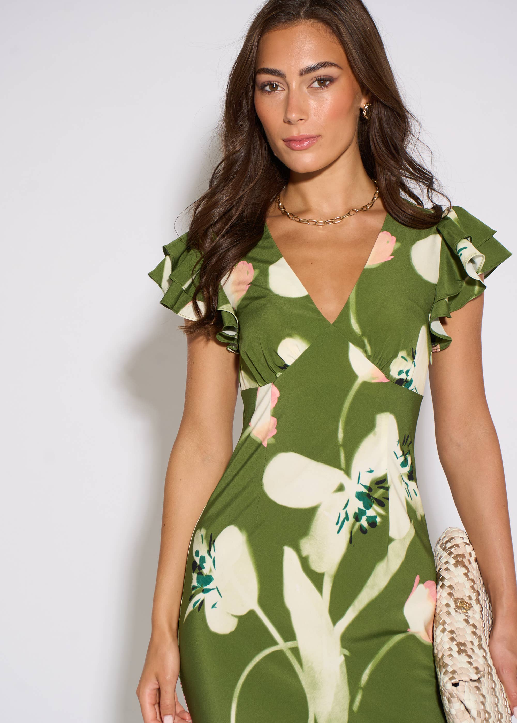 Green Floral Ruffle Maxi Dress