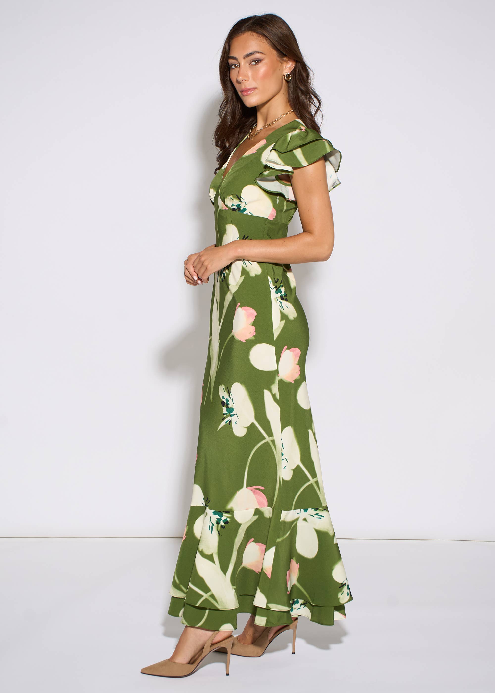 Green Floral Ruffle Maxi Dress