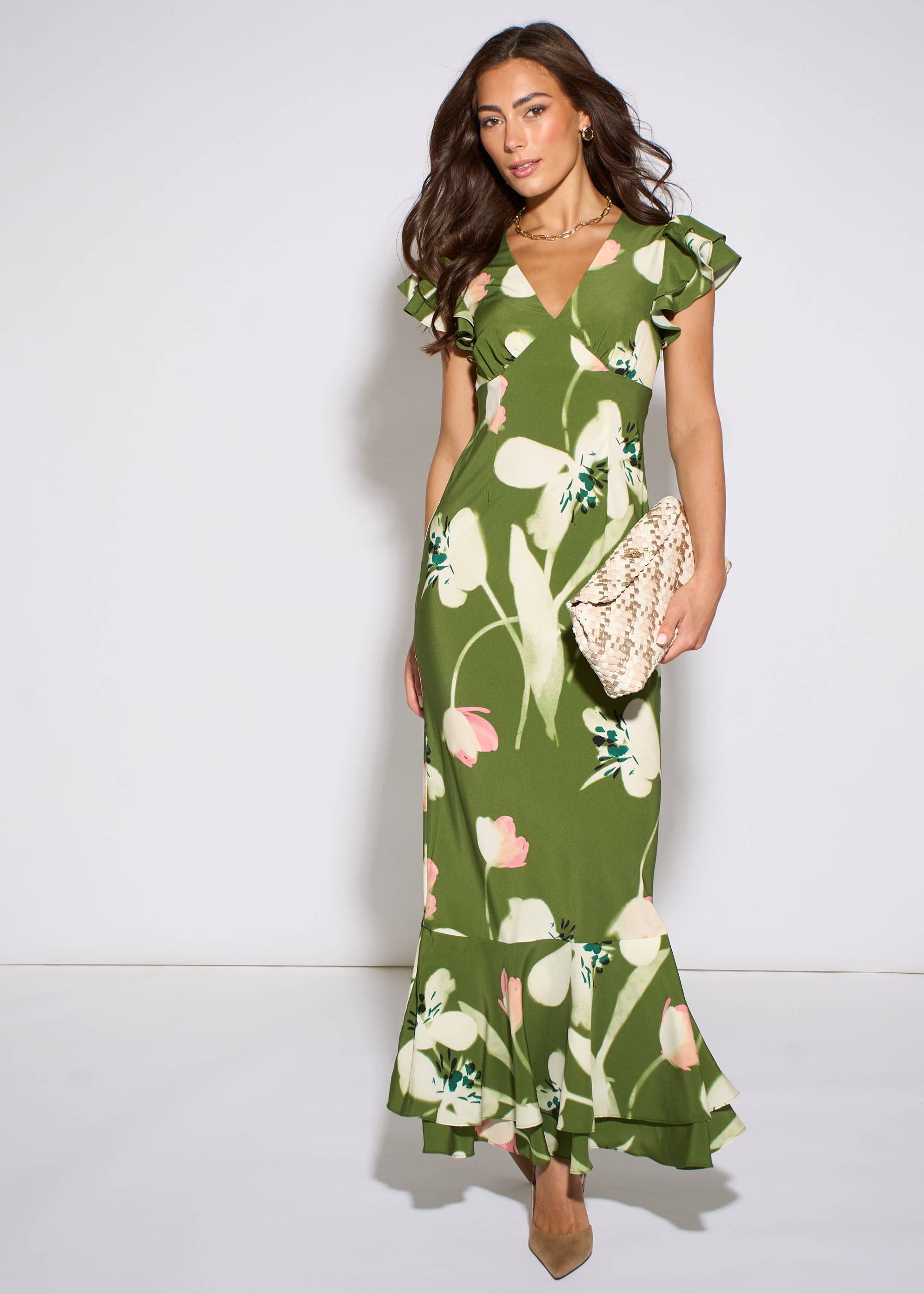 Green Floral Ruffle Maxi Dress