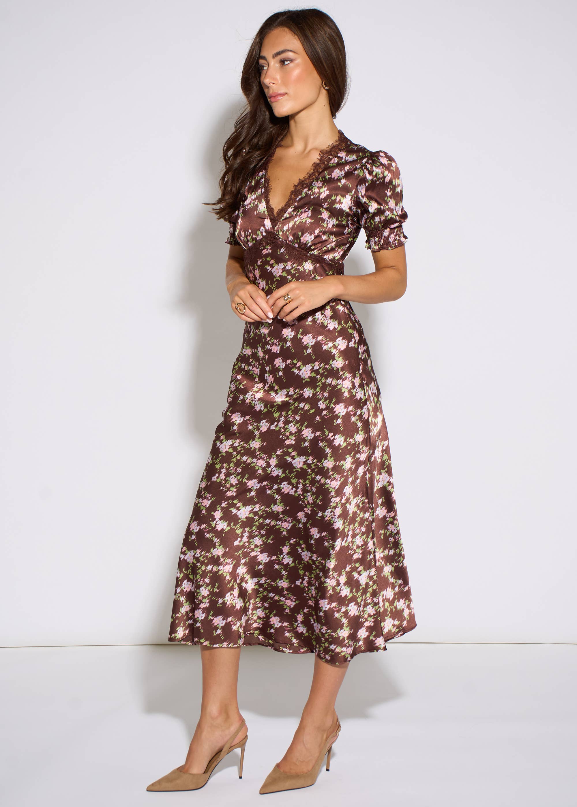 Brown Satin Floral Lace Midi Dress