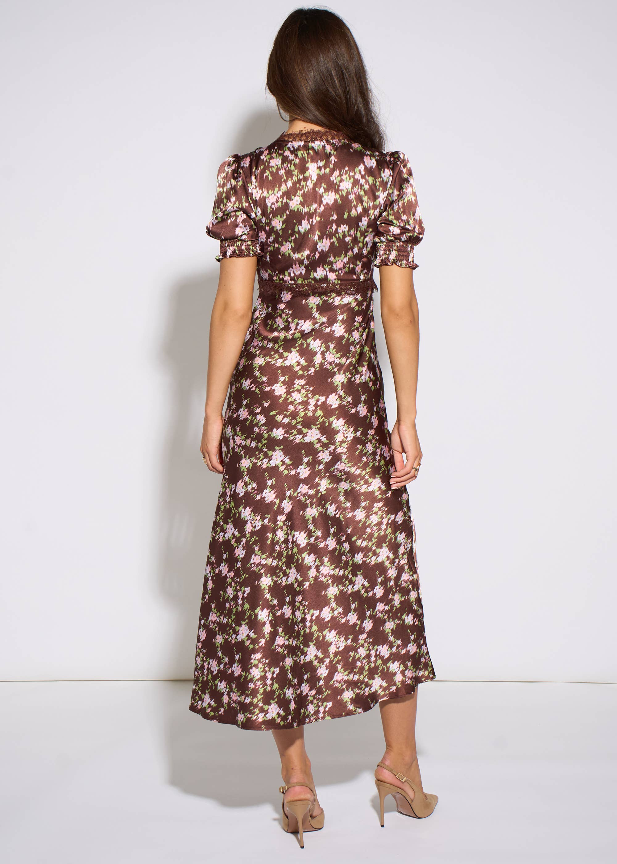 Brown Satin Floral Lace Midi Dress