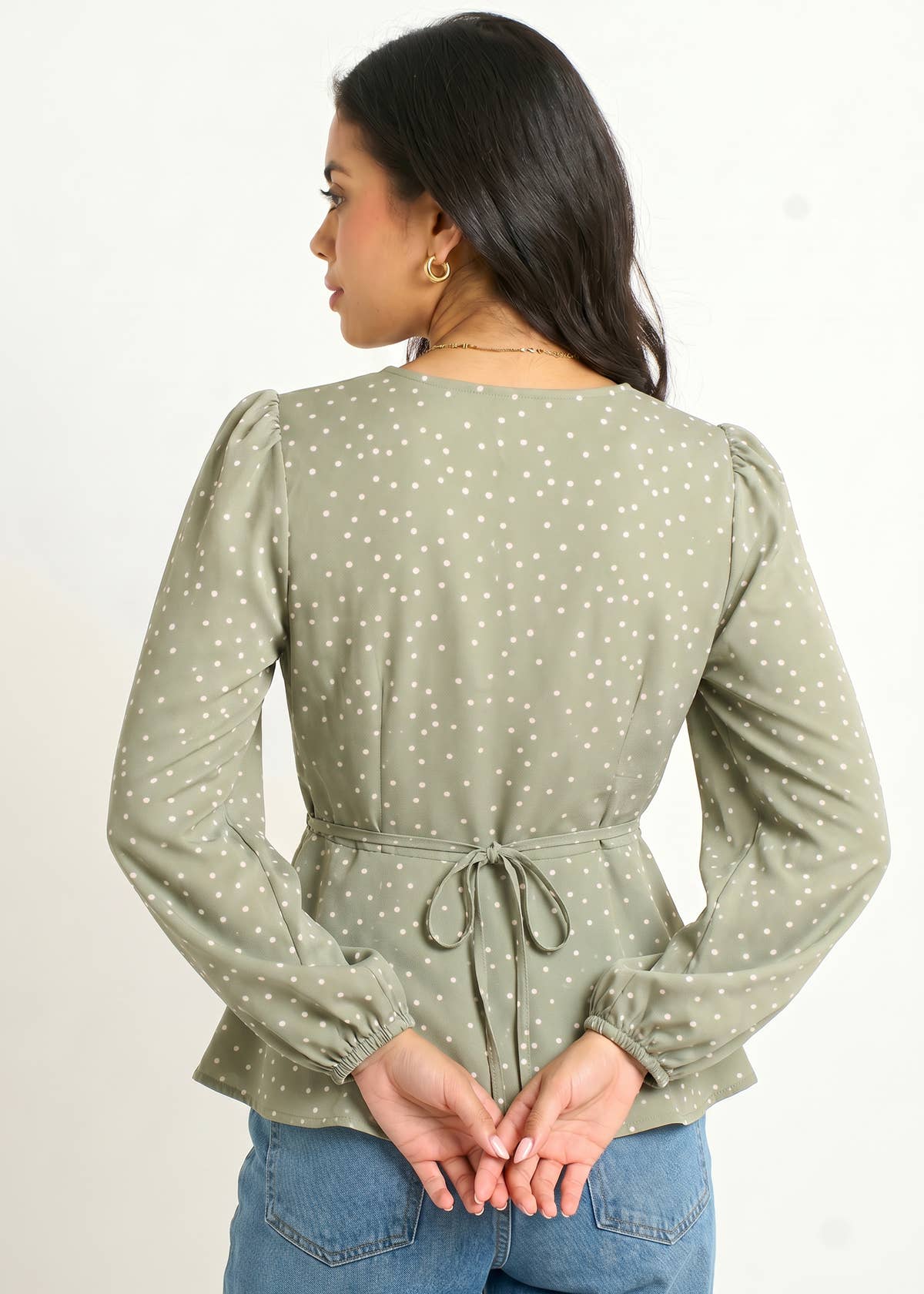 Green V Neck Spot Print Button Front Blouse