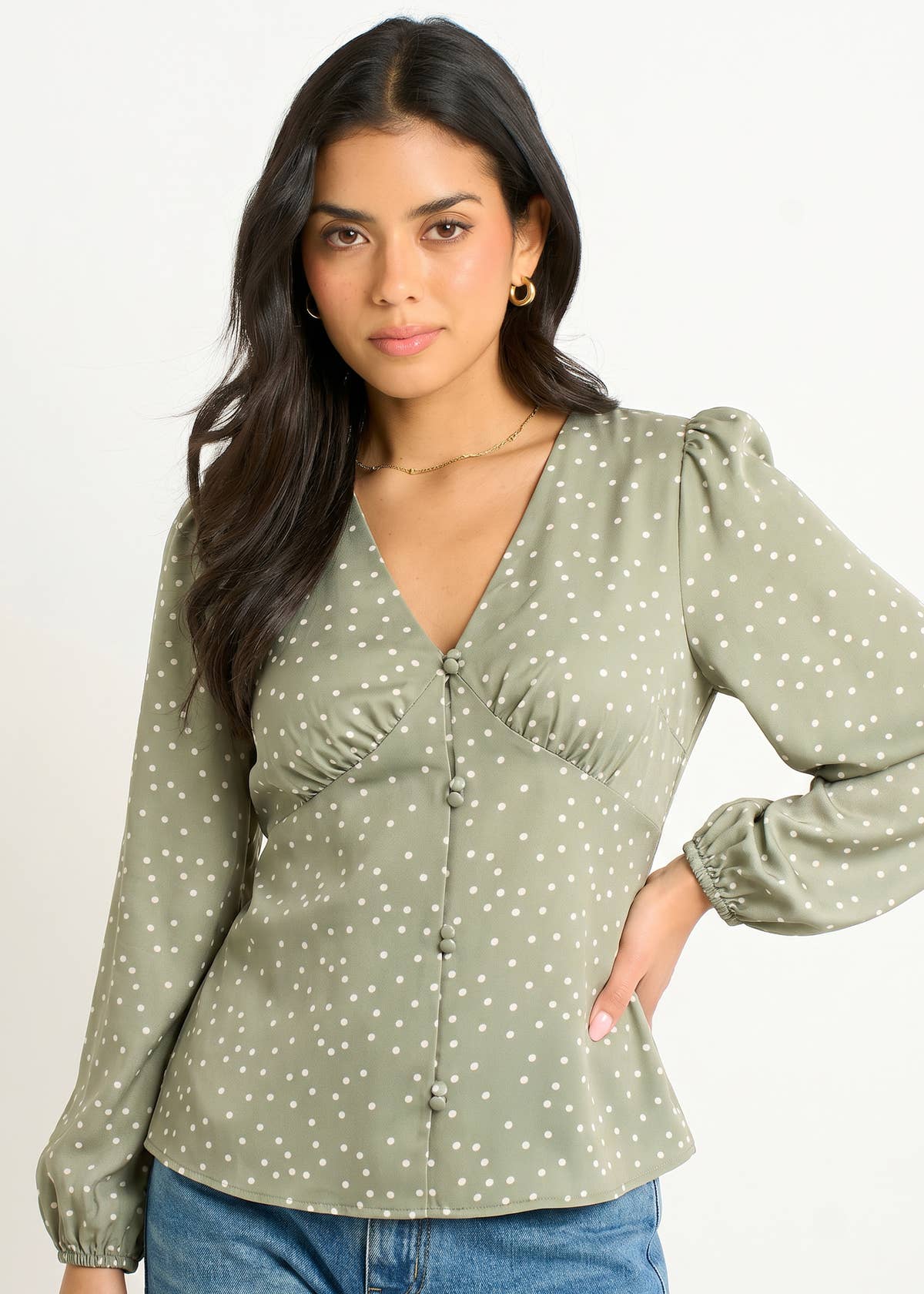 Green V Neck Spot Print Button Front Blouse