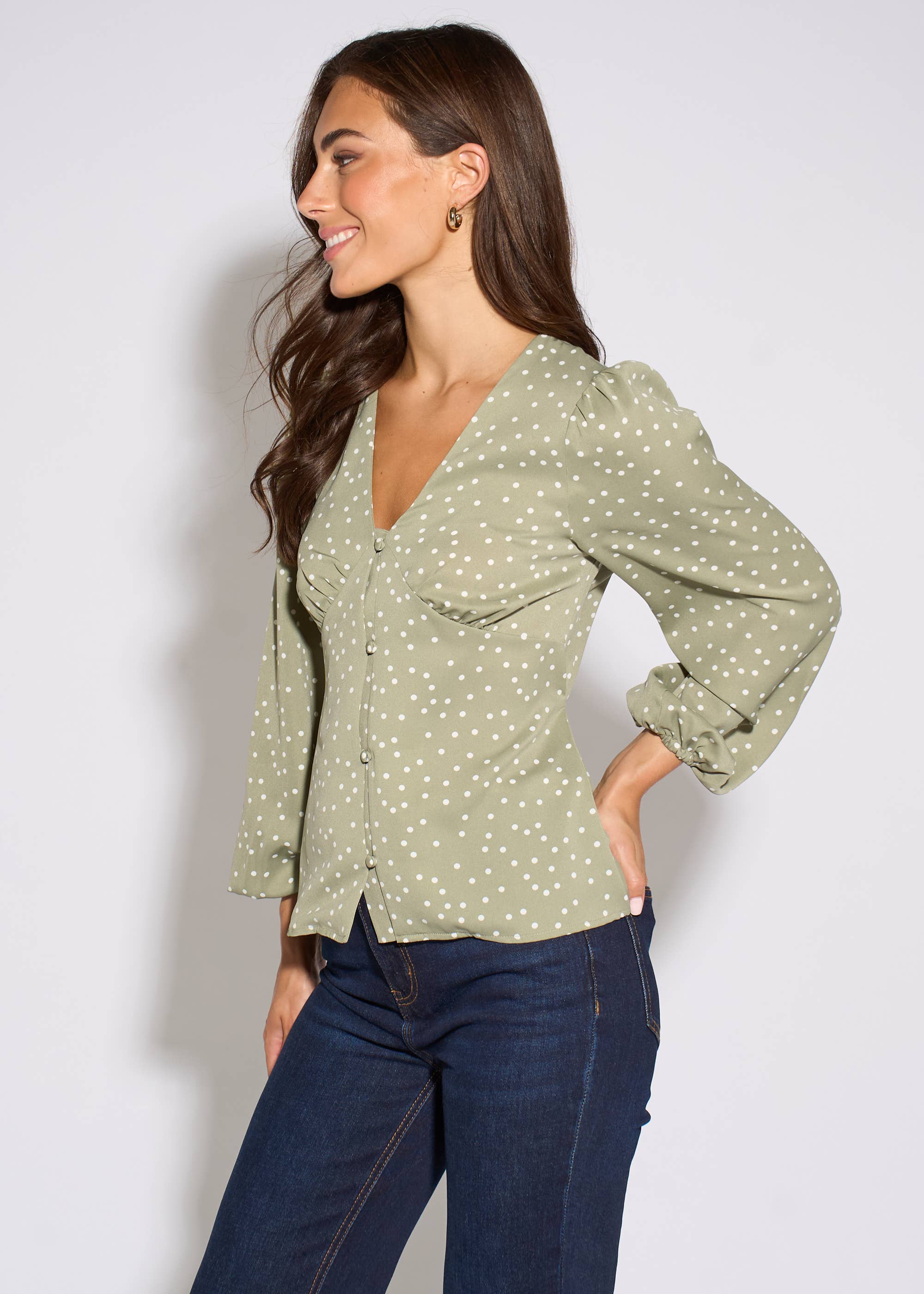 Green V Neck Spot Print Button Front Blouse