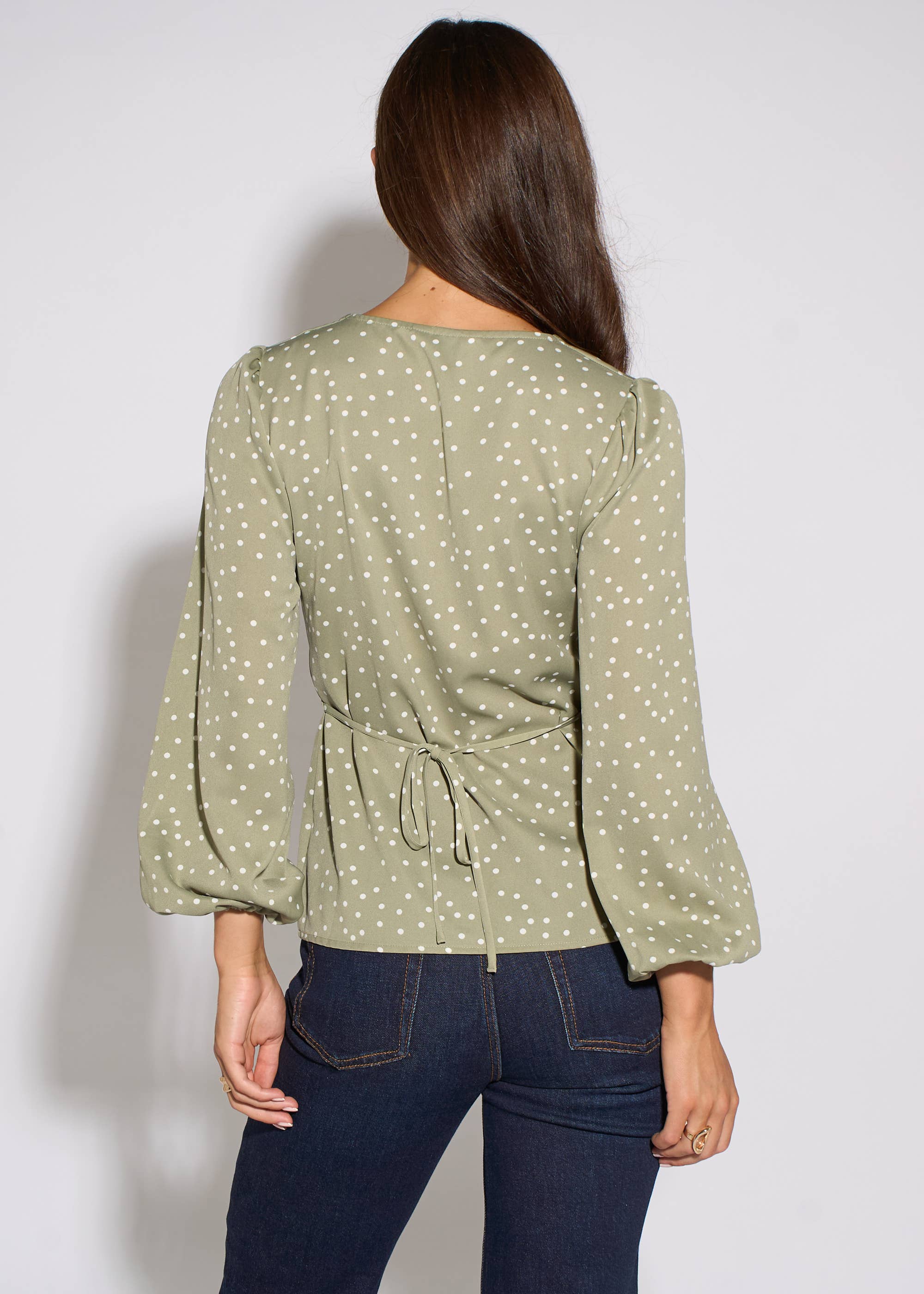 Green V Neck Spot Print Button Front Blouse