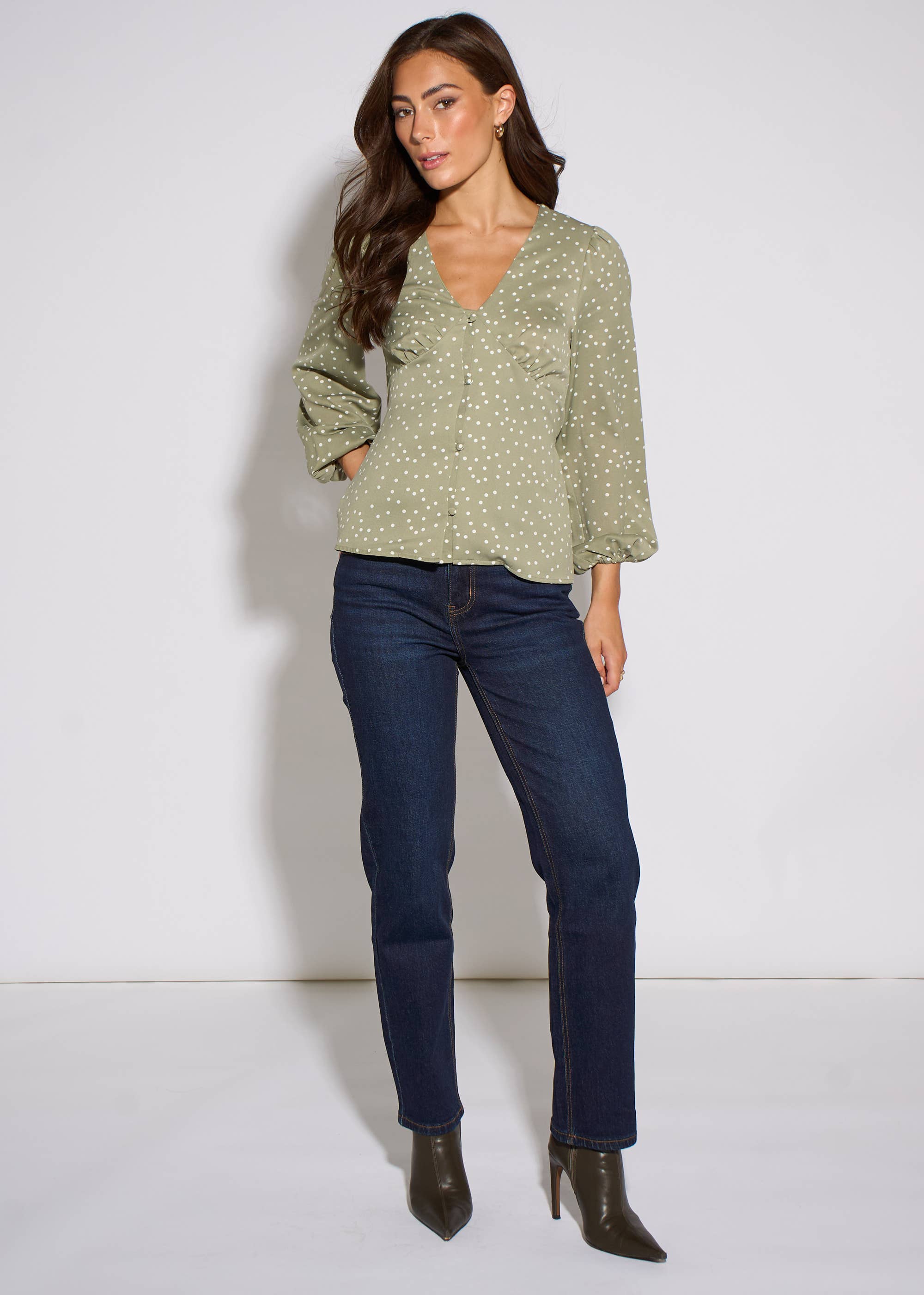 Green V Neck Spot Print Button Front Blouse