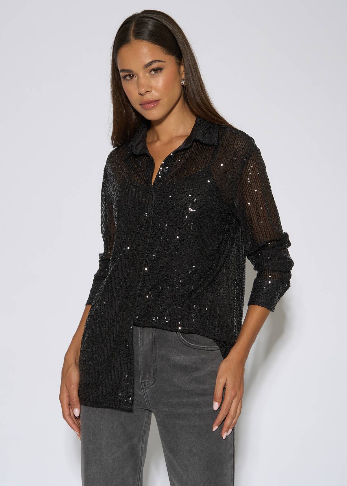 Black Sequin Long Sleeves Shirt – View 1 | Gini London