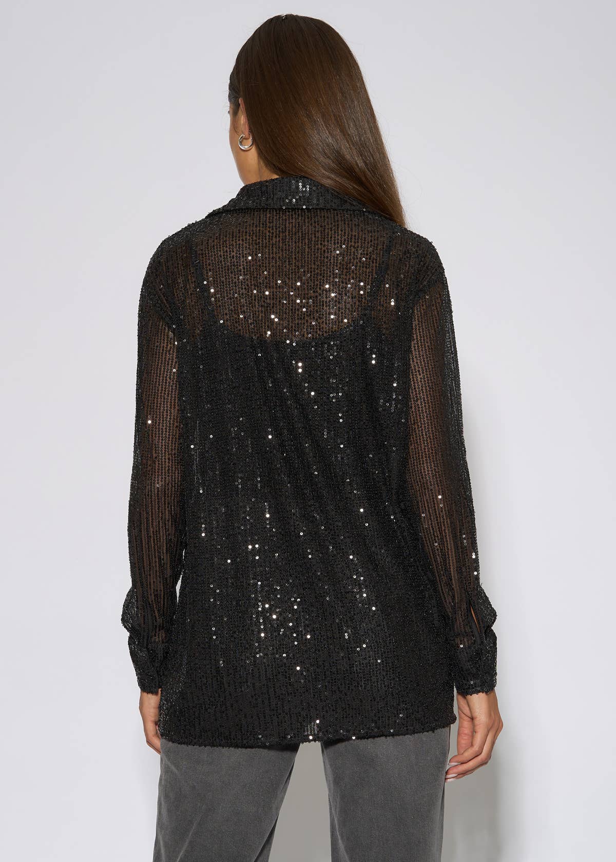 Black Sequin Long Sleeves Shirt – View 2 | Gini London