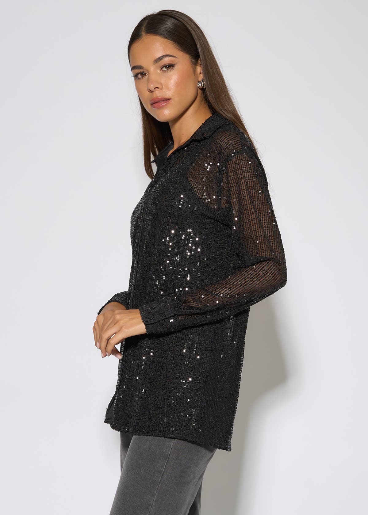 Black Sequin Long Sleeves Shirt – View 4 | Gini London