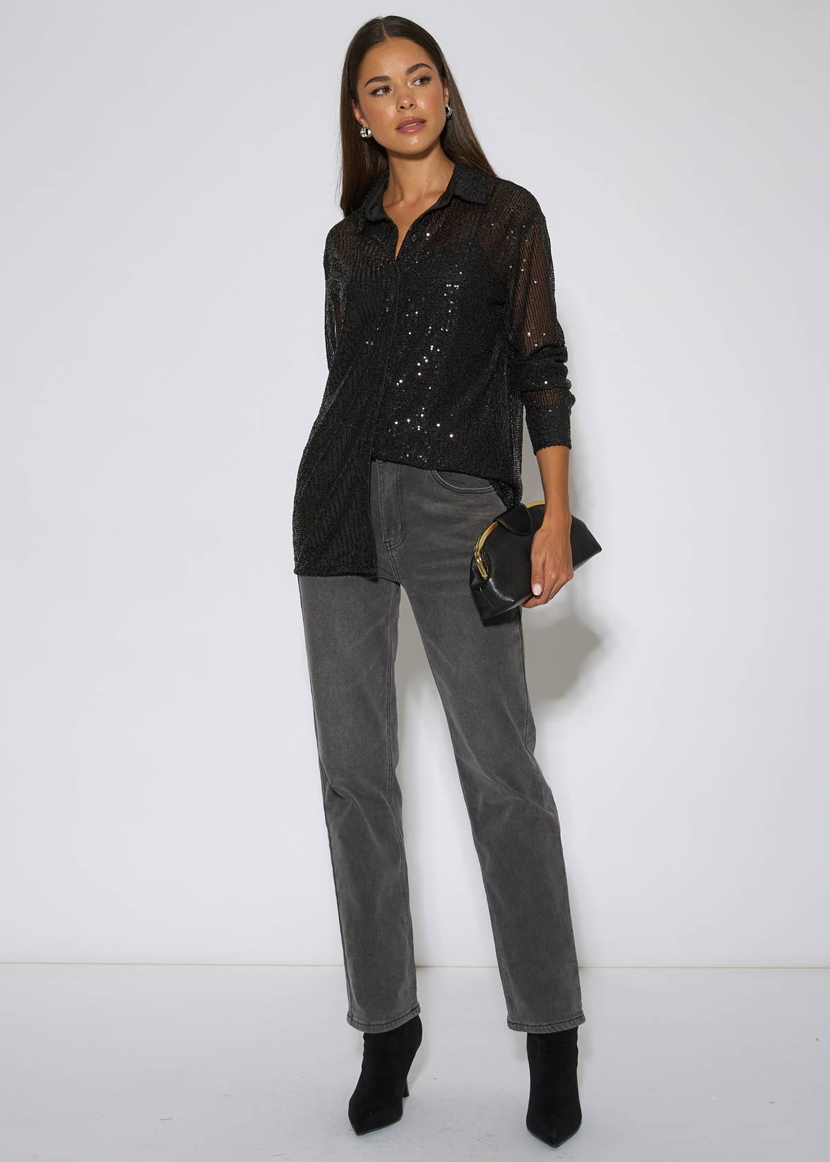 Black Sequin Long Sleeves Shirt – View 3 | Gini London