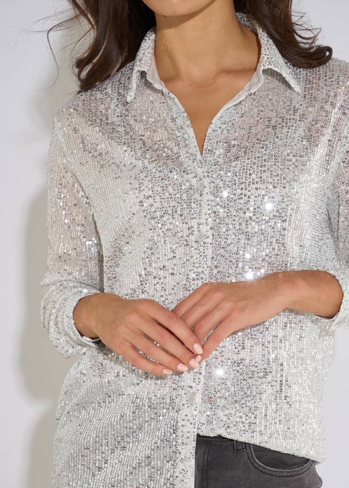 Silver Sequin Long Sleeves Shirt