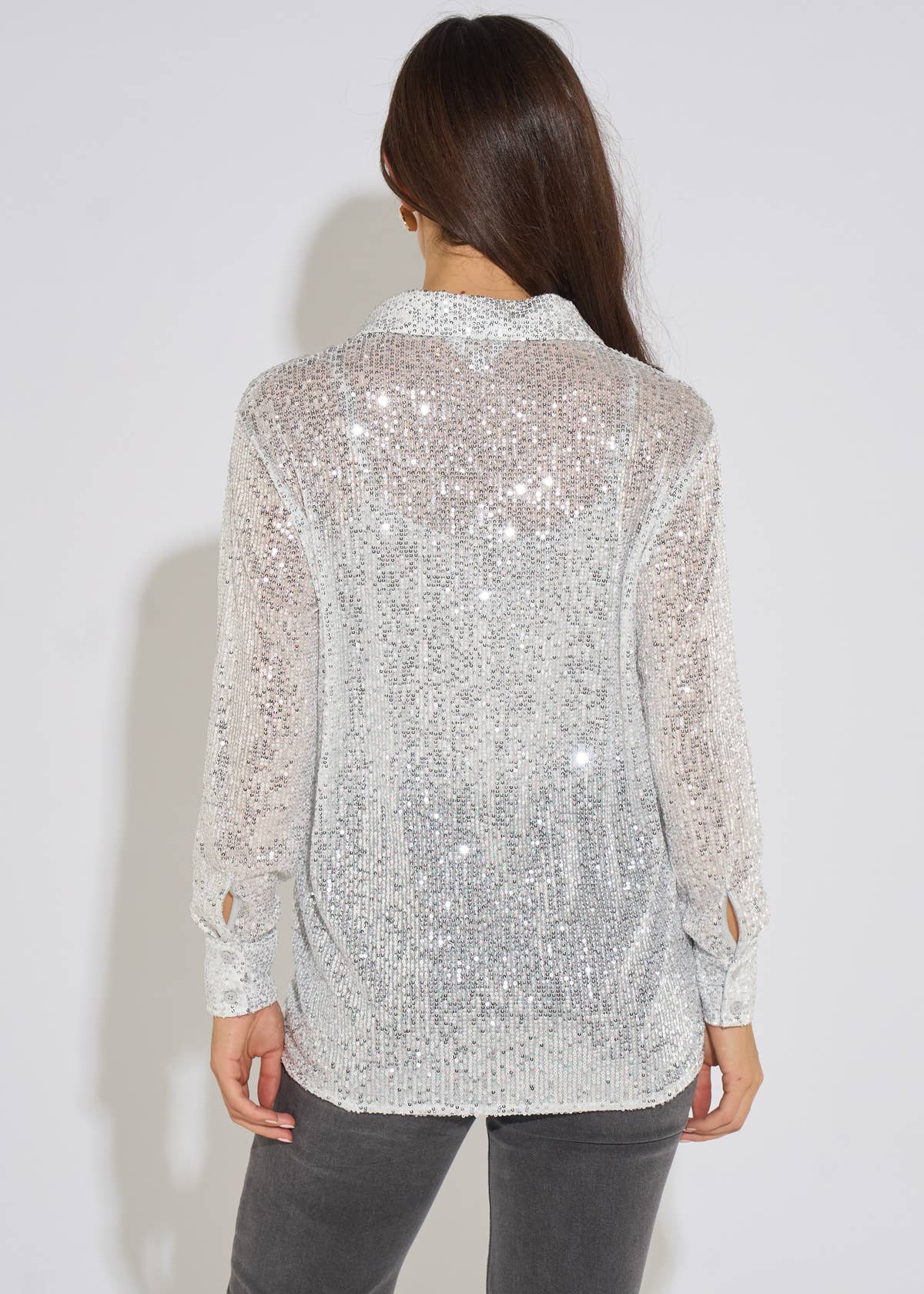 Silver Sequin Long Sleeves Shirt