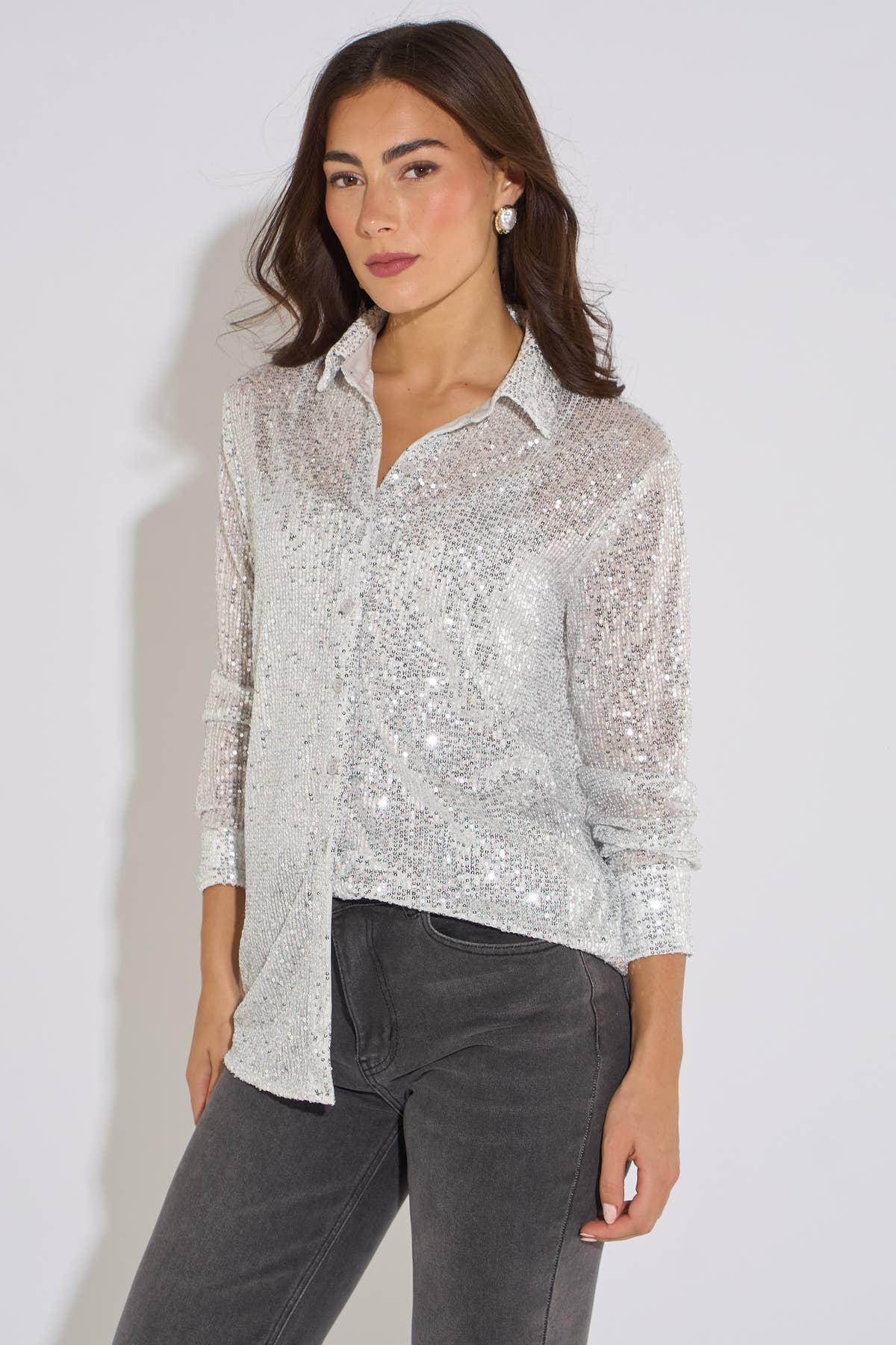 Silver Sequin Long Sleeves Shirt