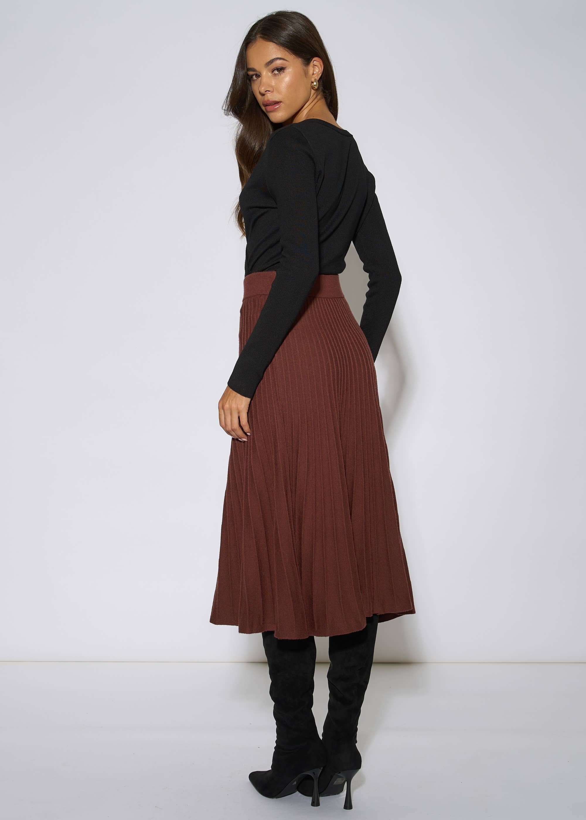 Brown Pleat Detail Knitted Flared Midi Skirt