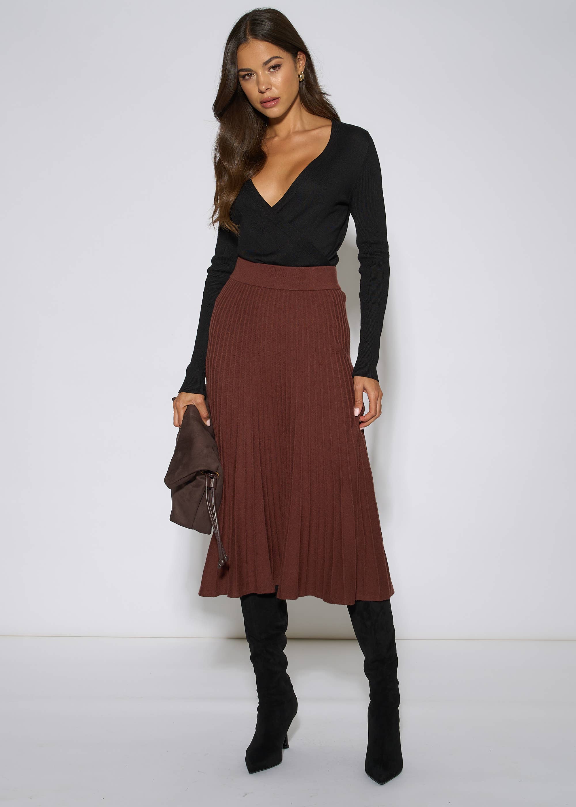 Brown Pleat Detail Knitted Flared Midi Skirt