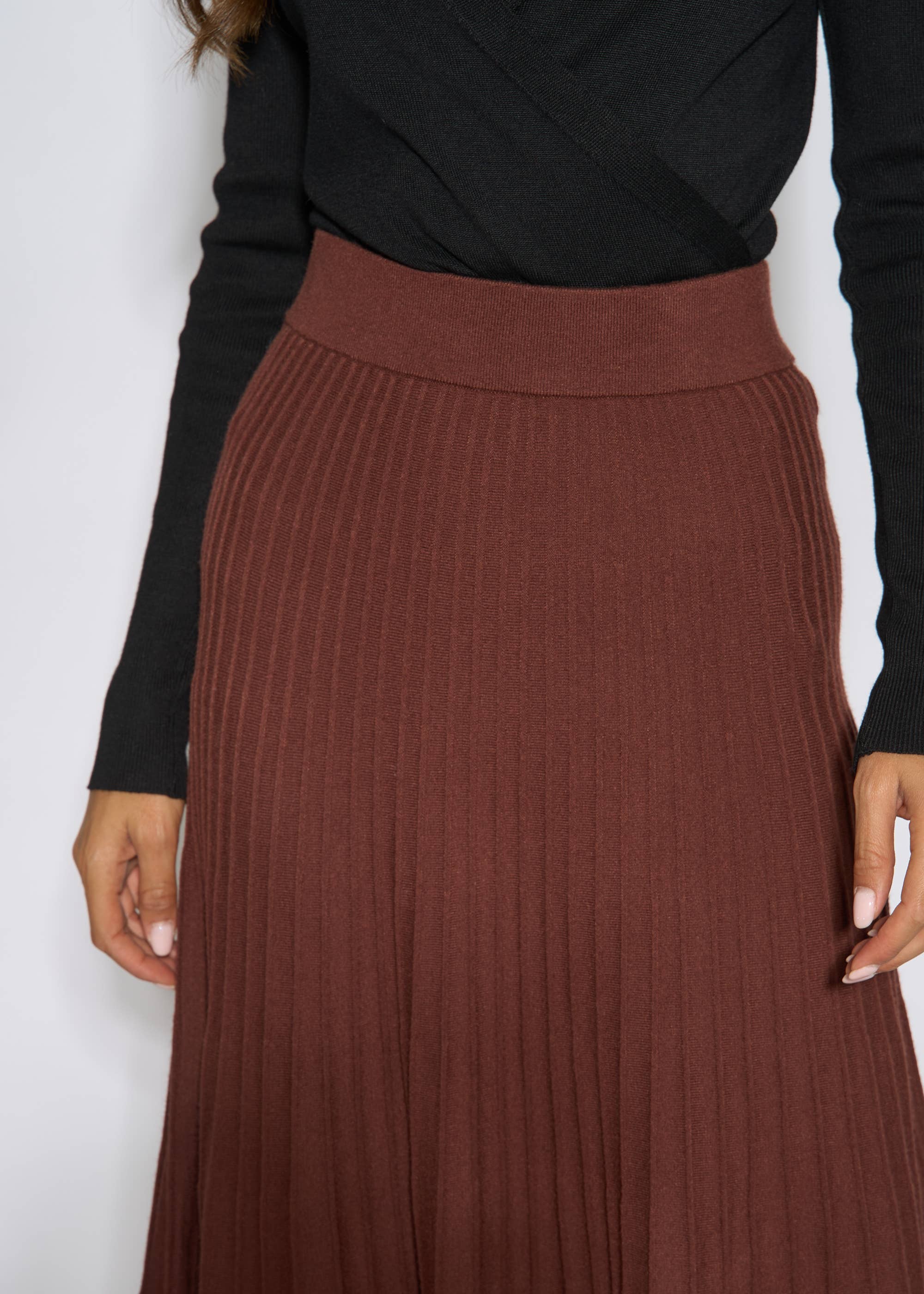 Brown Pleat Detail Knitted Flared Midi Skirt