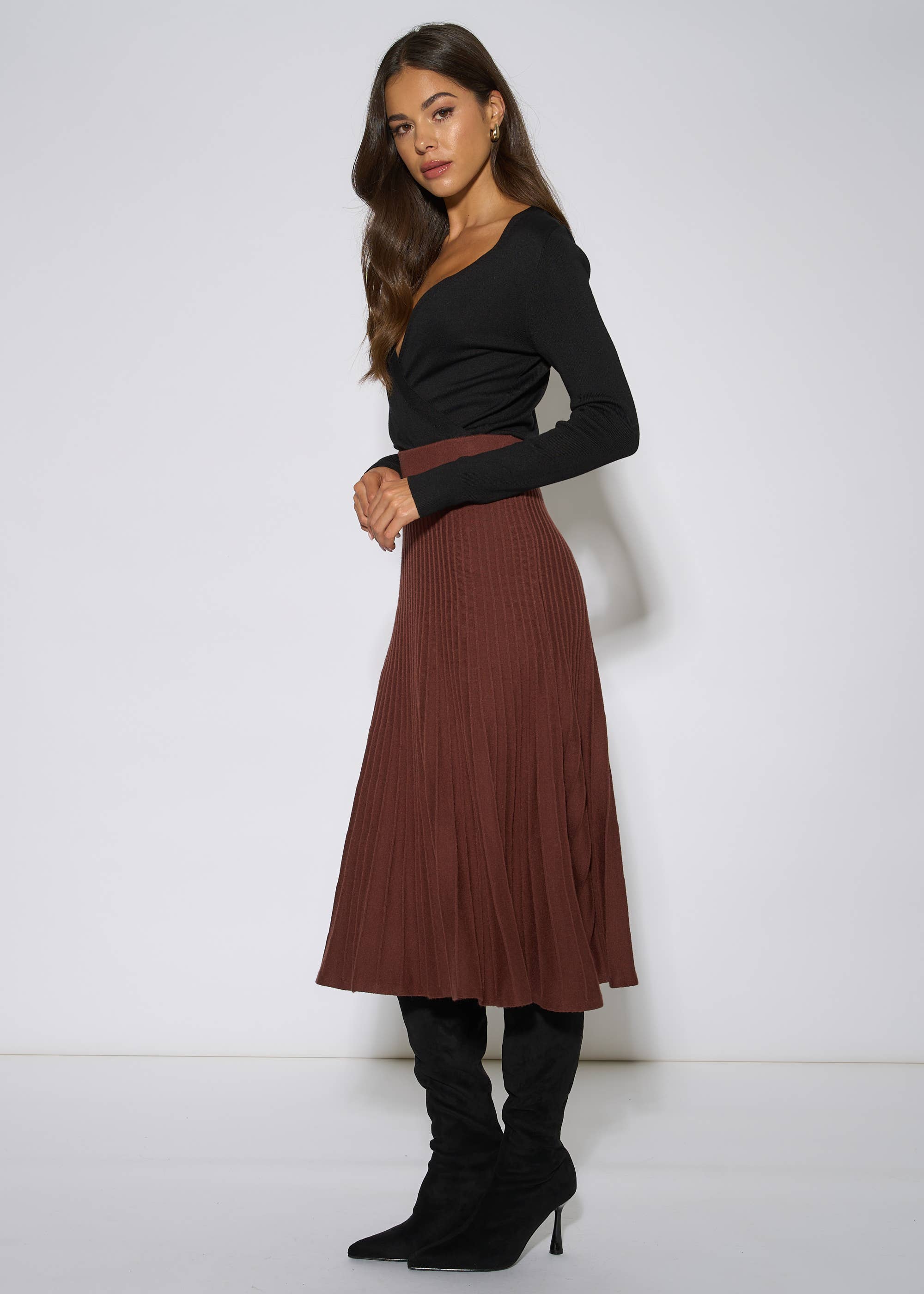 Brown Pleat Detail Knitted Flared Midi Skirt