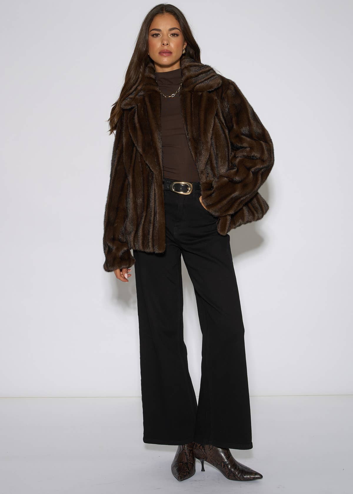 Brown 2 Tone Faux Fur Jacket – View 1 | Gini London