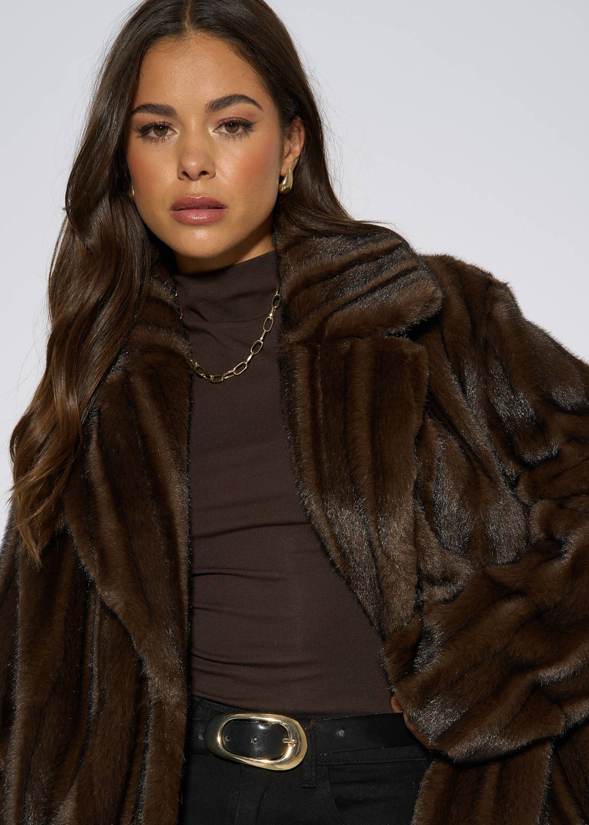 Brown 2 Tone Faux Fur Jacket – View 3 | Gini London