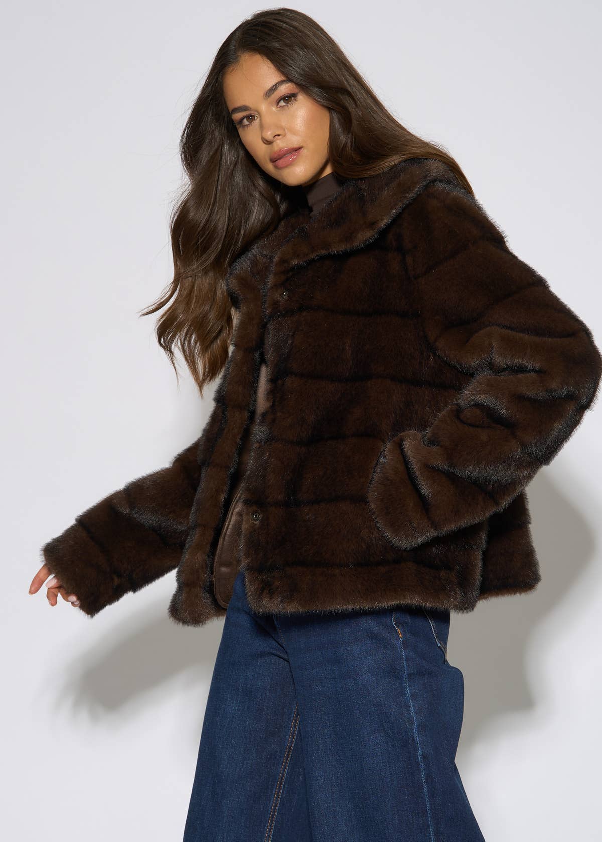 Brown Panelled Faux Fur Jacket – View 4 | Gini London
