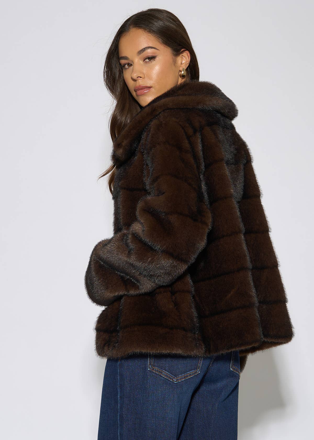Brown Panelled Faux Fur Jacket – View 2 | Gini London