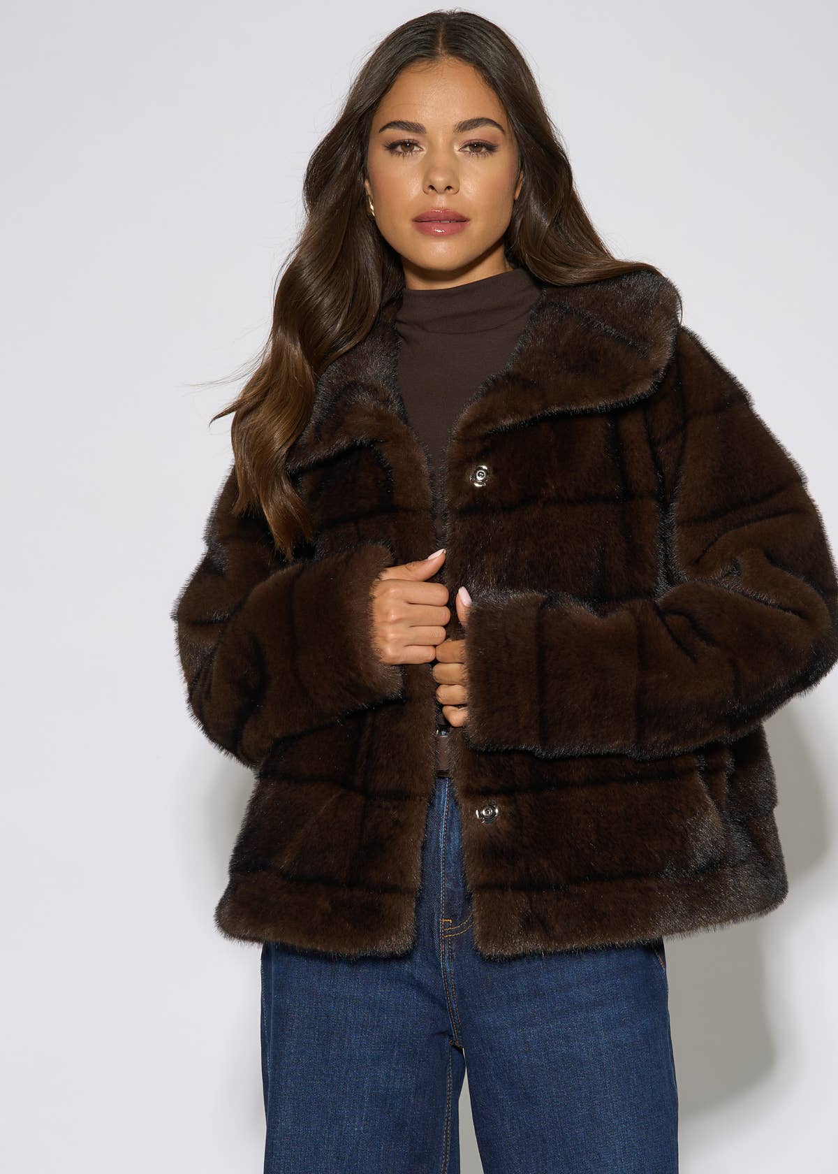 Brown Panelled Faux Fur Jacket – View 1 | Gini London