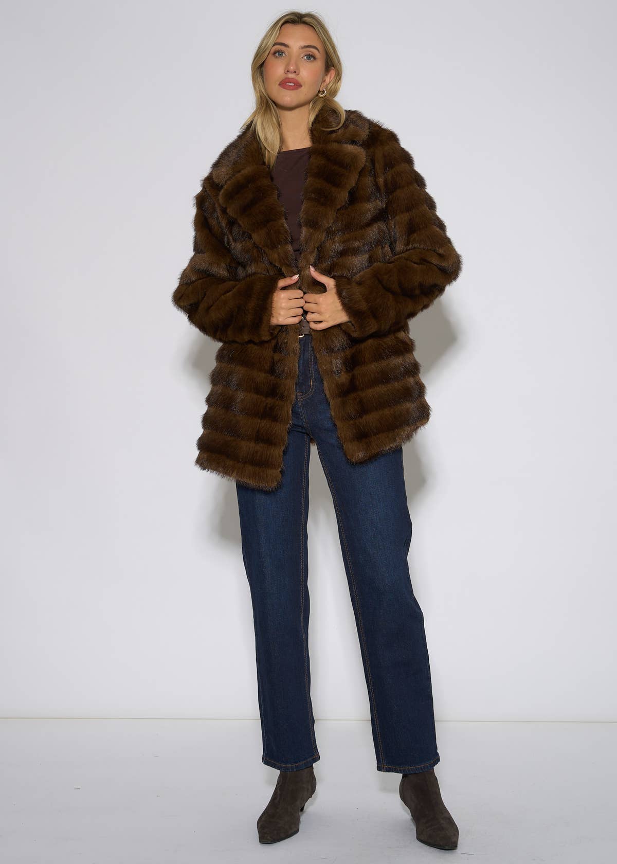 Brown 2 Tone Faux Fur Jacket – View 1 | Gini London