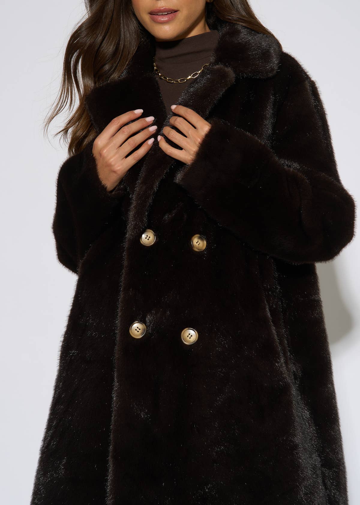 Bitter Chocolate Double Breasted Faux Fur Coat– View 1 | Gini London