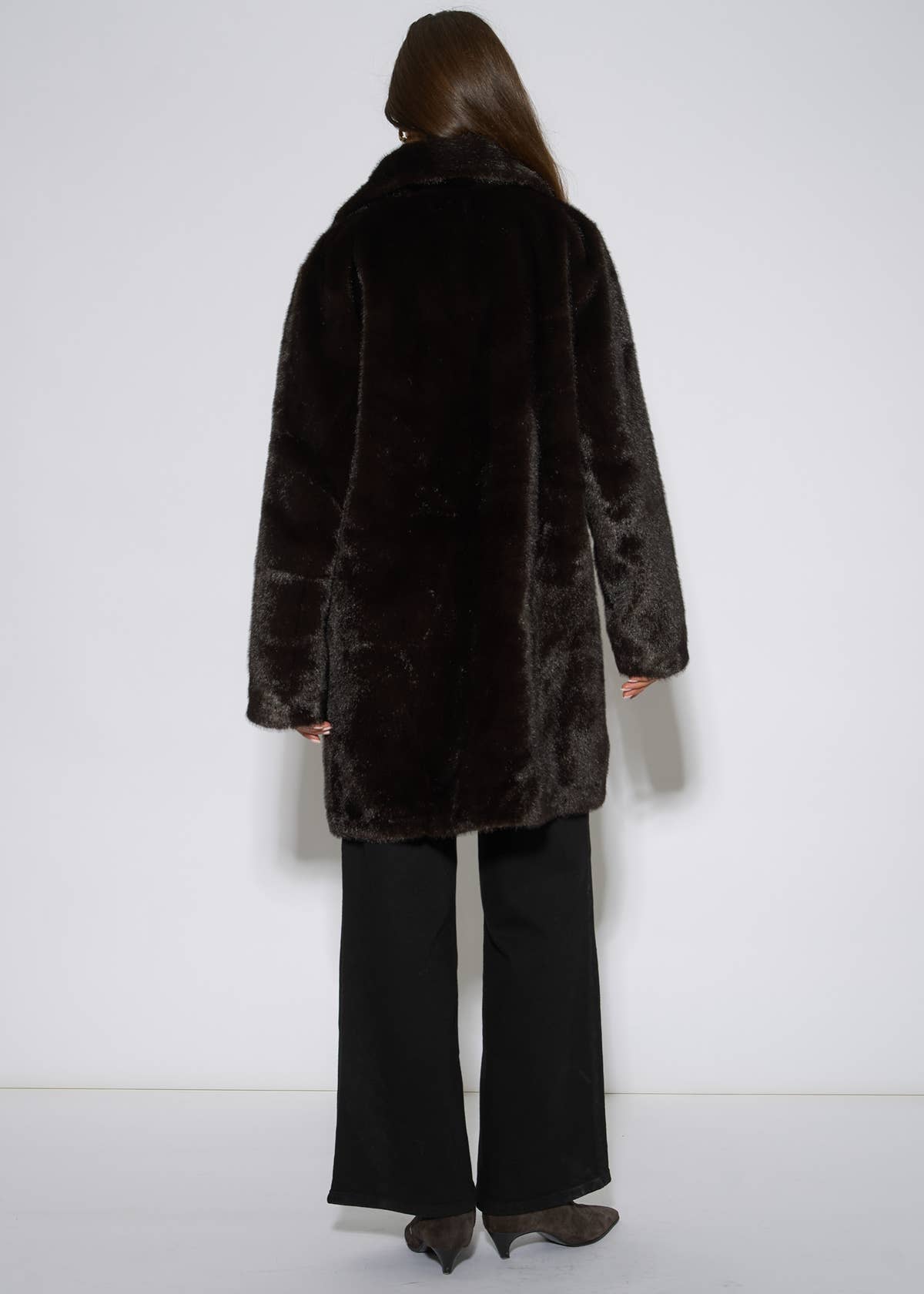 Bitter Chocolate Double Breasted Faux Fur Coat– View 1 | Gini London