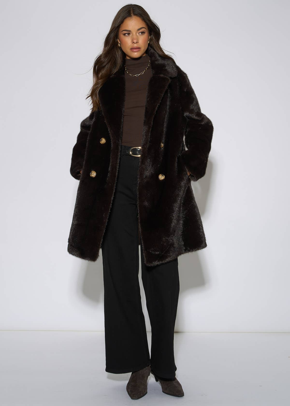 Bitter Chocolate Double Breasted Faux Fur Coat– View 1 | Gini London