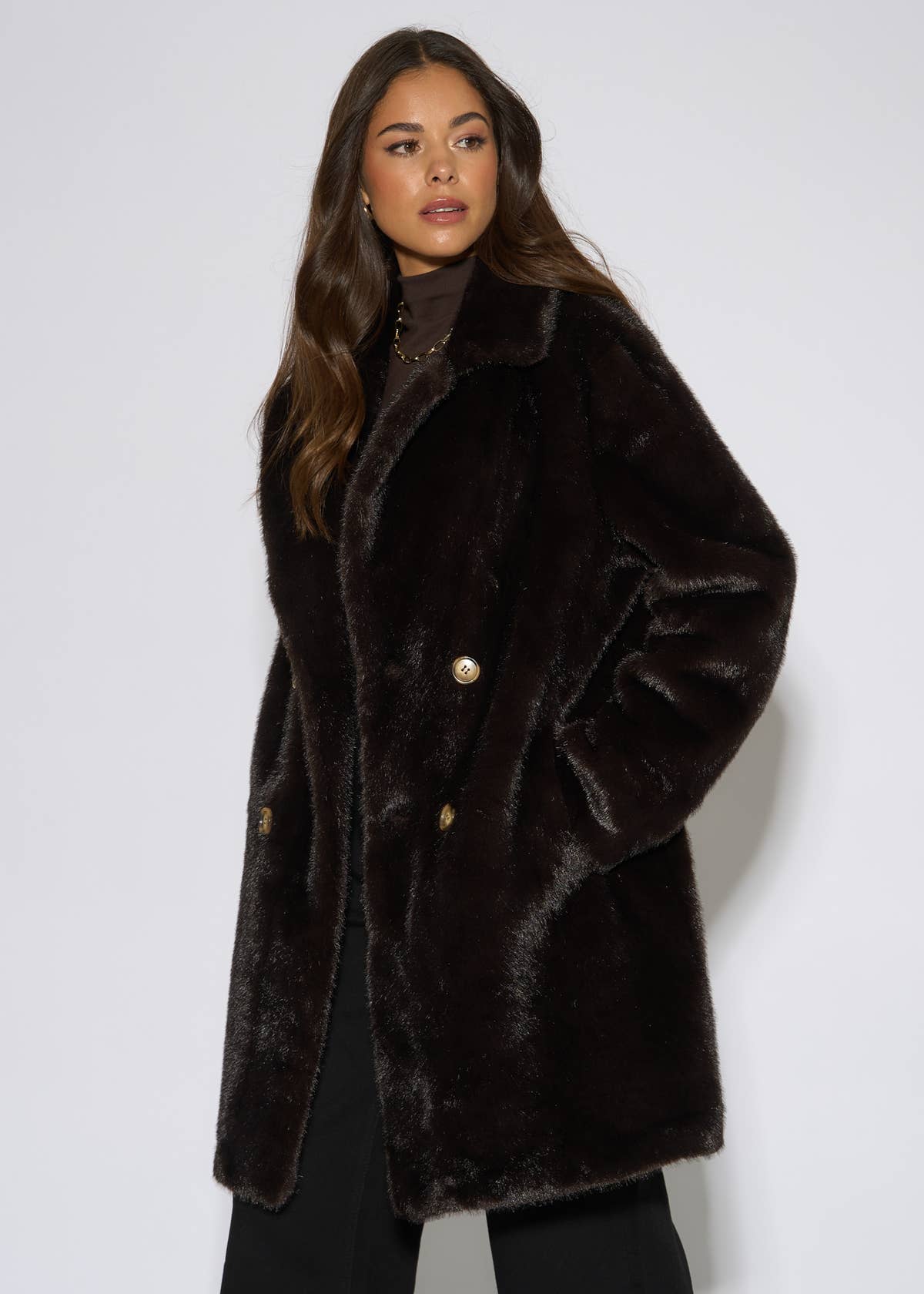 Bitter Chocolate Double Breasted Faux Fur Coat– View 1 | Gini London