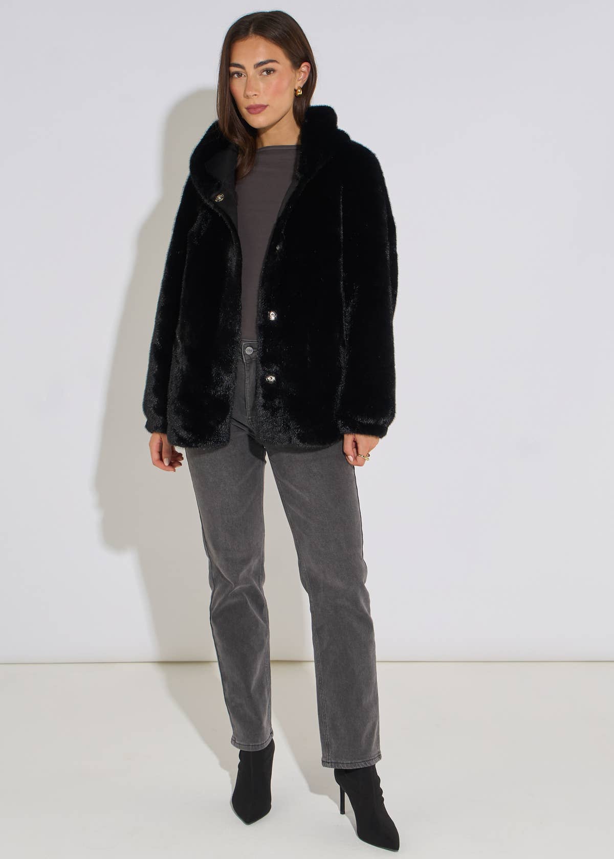 Black Hooded Faux Fur Mid Length Jacket- View 1 | Gini London
