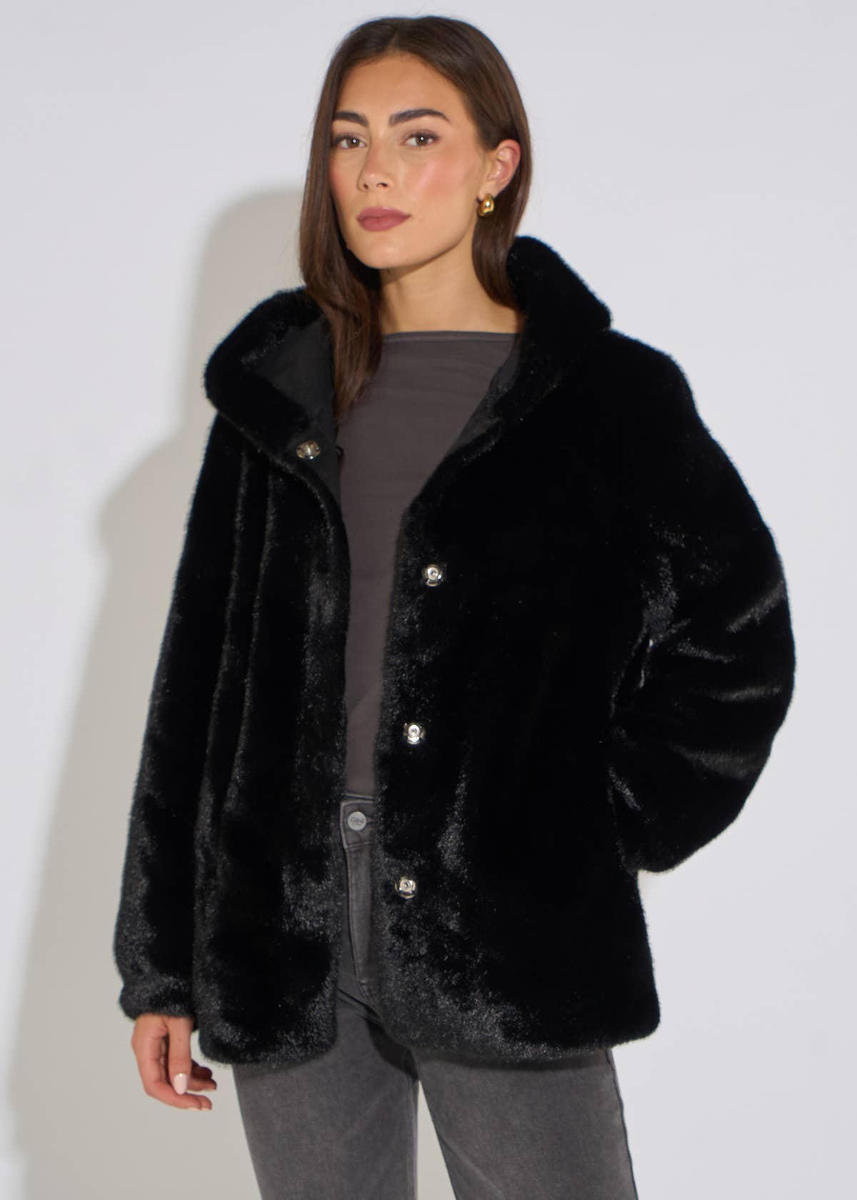 Black Hooded Faux Fur Mid Length Jacket- View 1 | Gini London