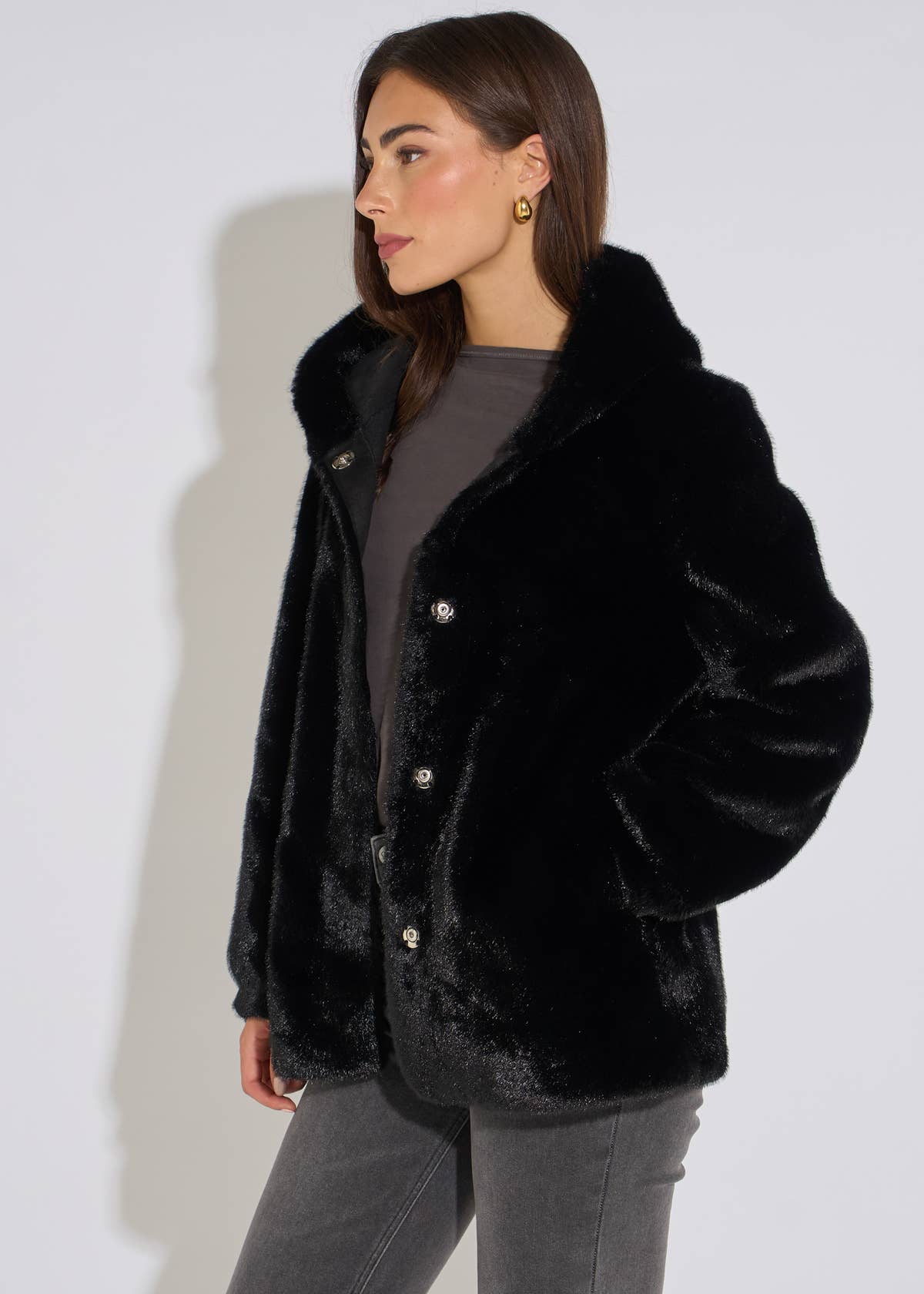 Black Hooded Faux Fur Mid Length Jacket- View 1 | Gini London