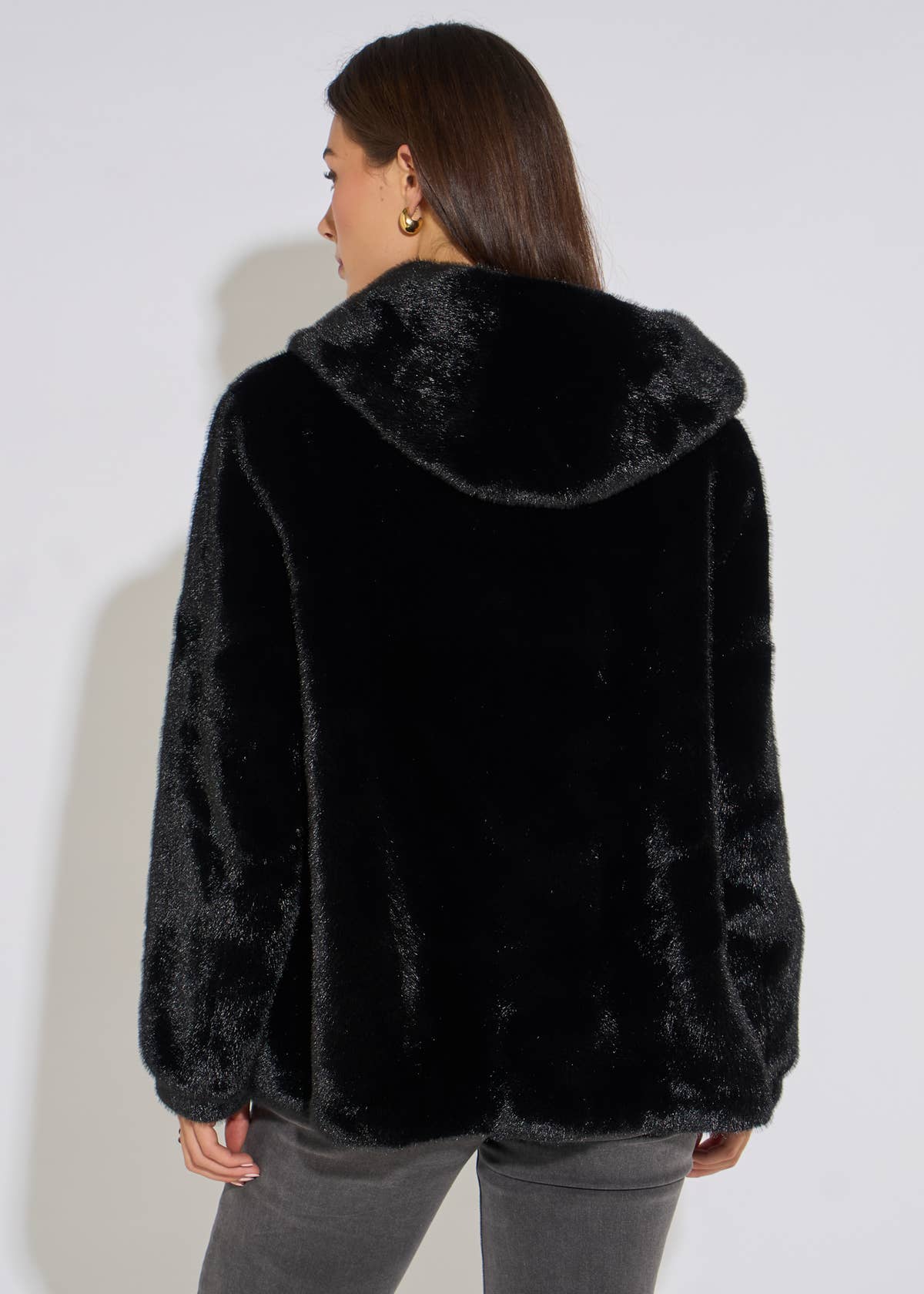 Black Hooded Faux Fur Mid Length Jacket- View 1 | Gini London