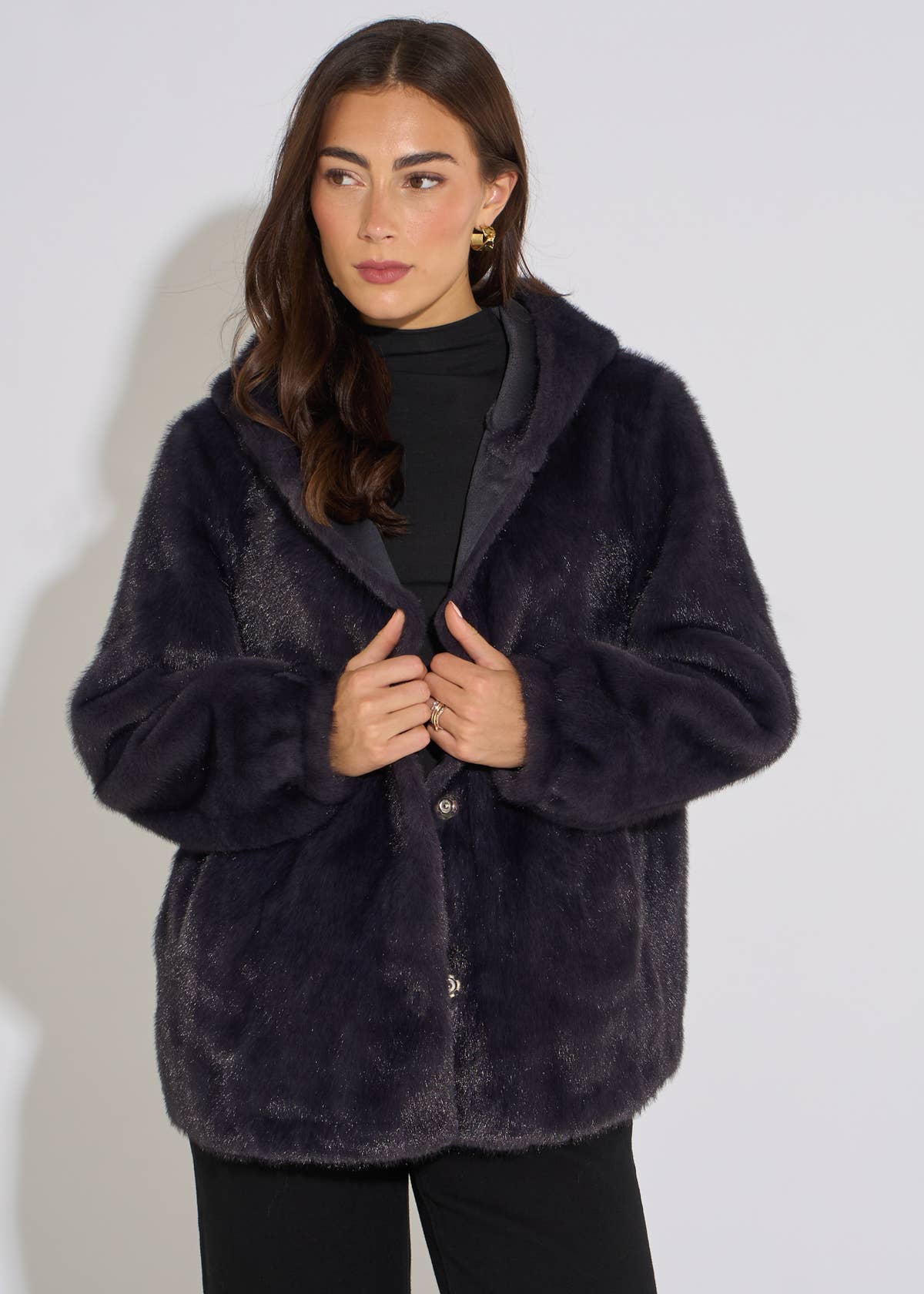 Charcoal Grey Hooded Faux Fur Mid Length Jacket– View 1 | Gini London