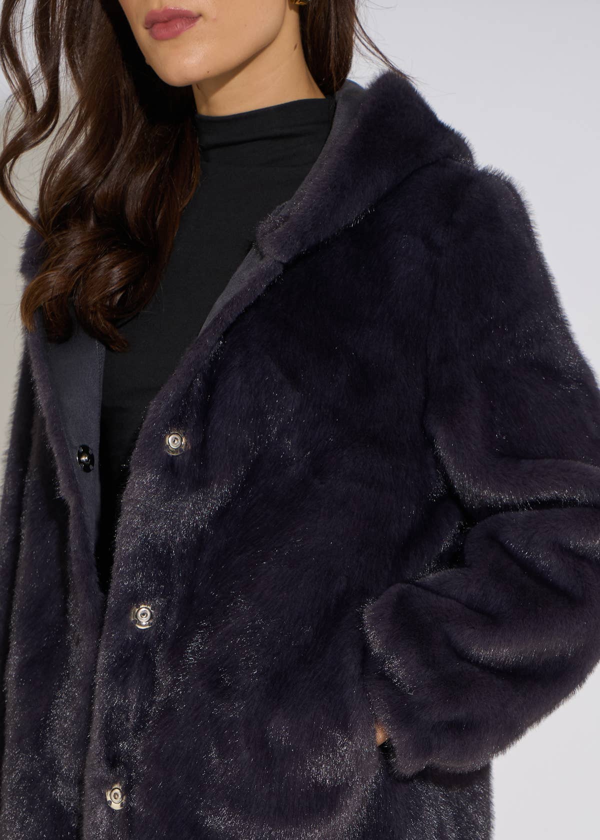 Charcoal Grey Hooded Faux Fur Mid Length Jacket– View 3 | Gini London