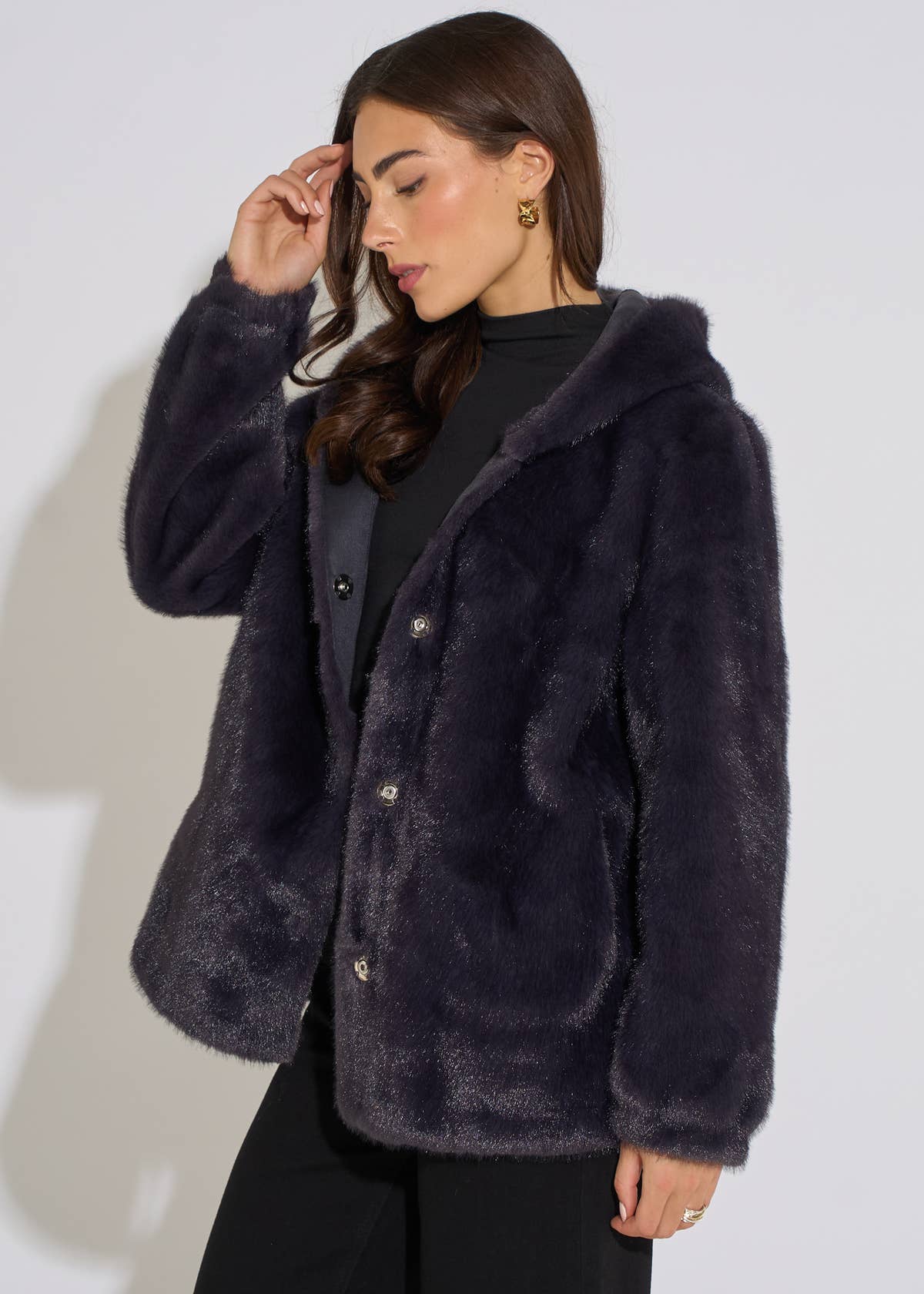 Charcoal Grey Hooded Faux Fur Mid Length Jacket– View 4 | Gini London
