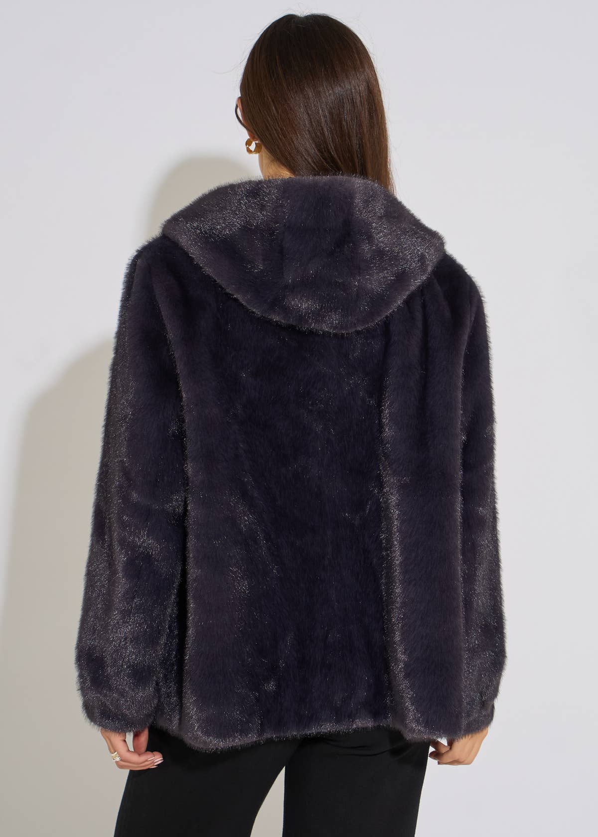 Charcoal Grey Hooded Faux Fur Mid Length Jacket– View 2 | Gini London