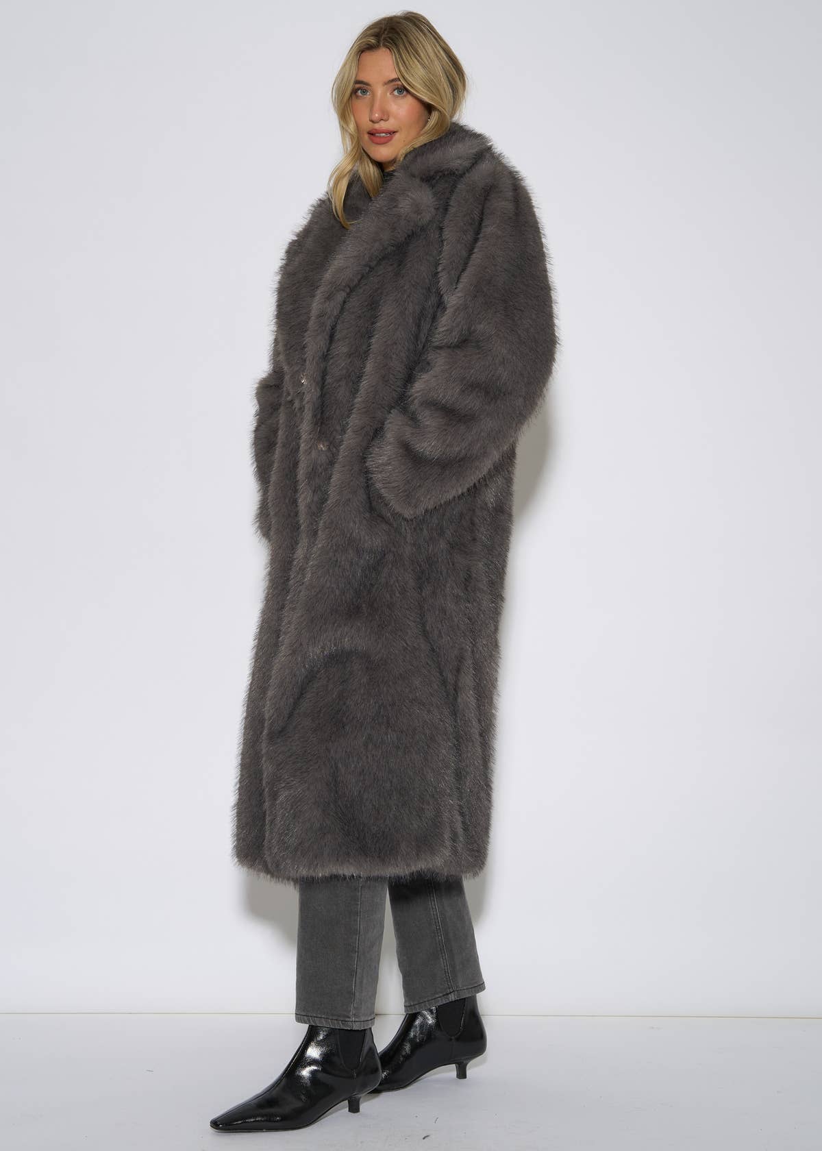 Grey Blue Belted Faux Fur Longline Jacket – View 4 | Gini London