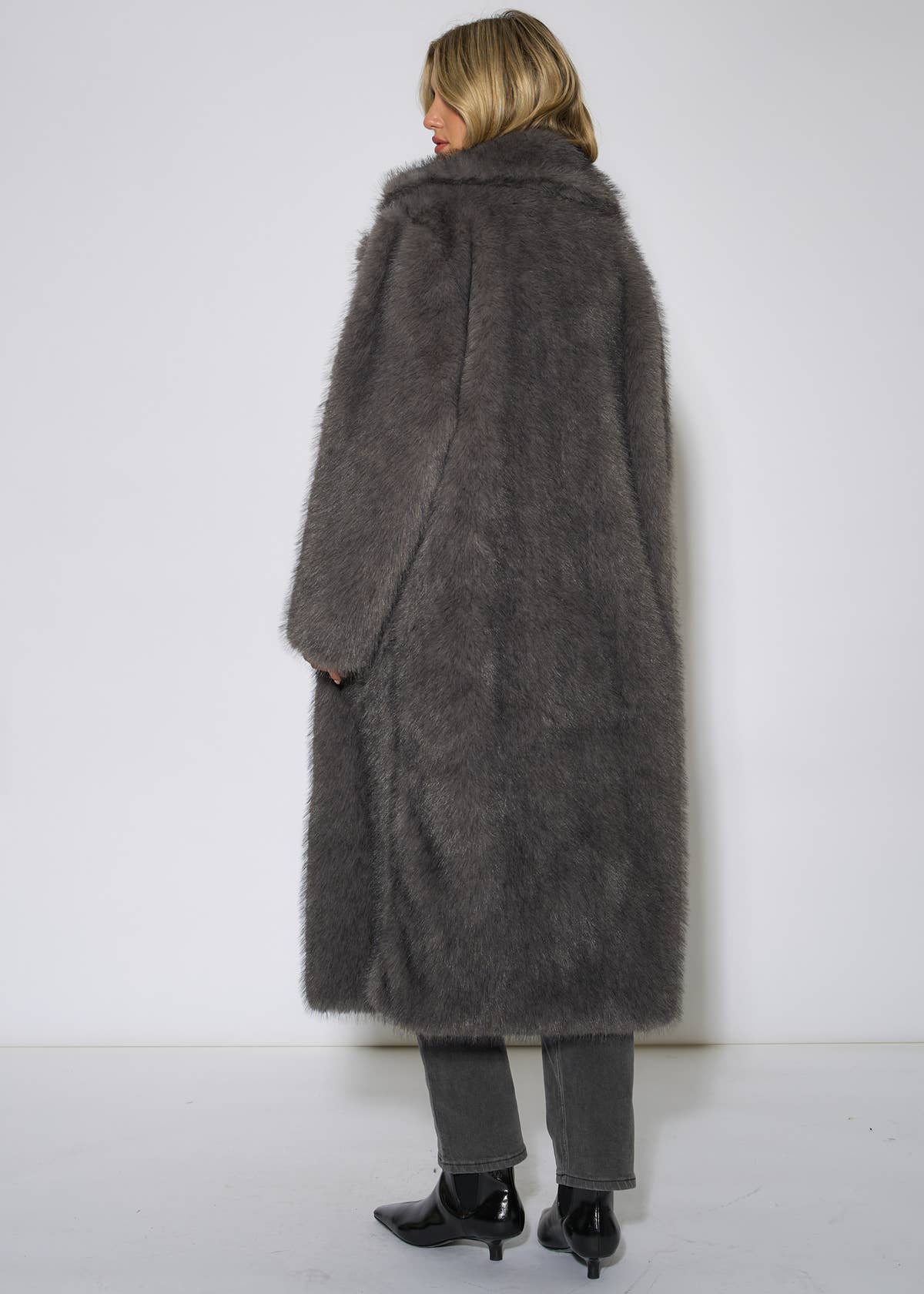Grey Blue Belted Faux Fur Longline Jacket – View 2 | Gini London