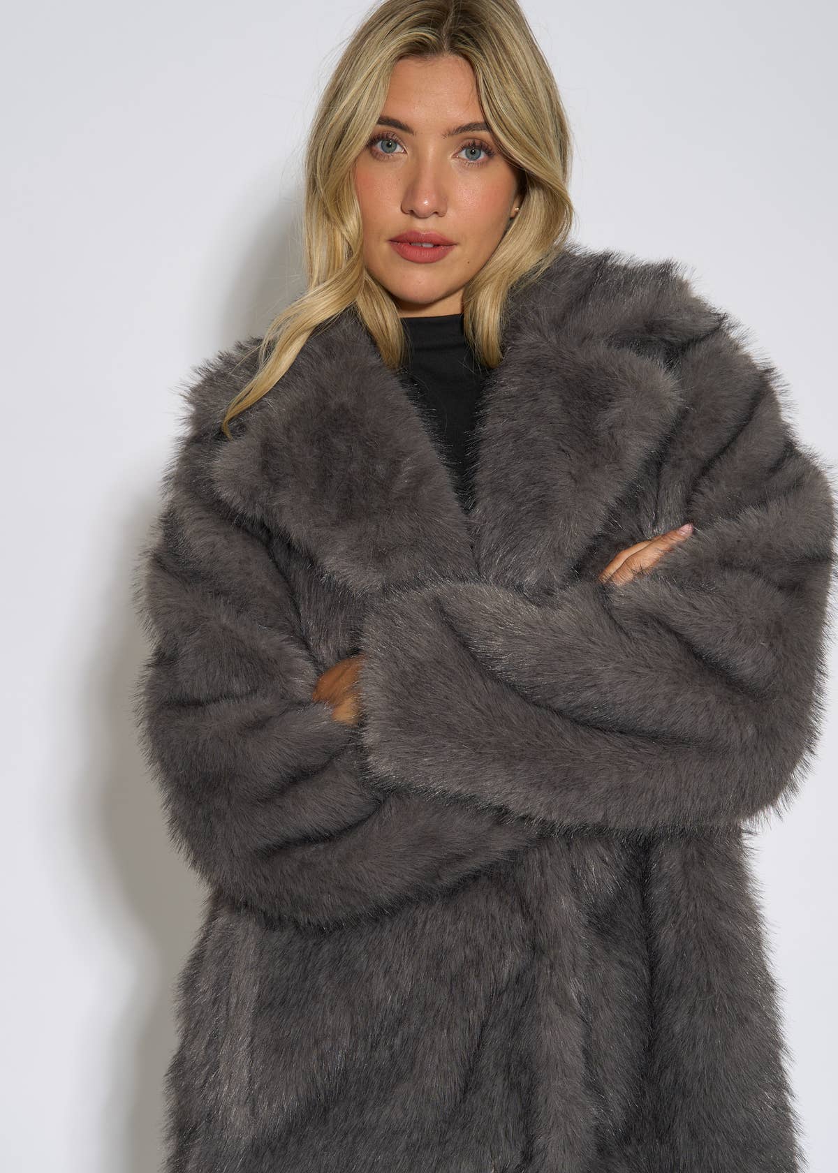 Grey Blue Belted Faux Fur Longline Jacket – View 3 | Gini London