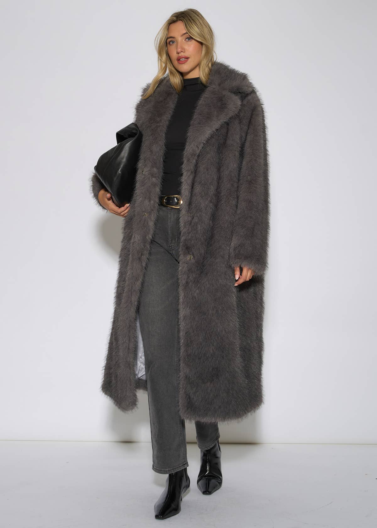 Grey Blue Belted Faux Fur Longline Jacket – View 1 | Gini London